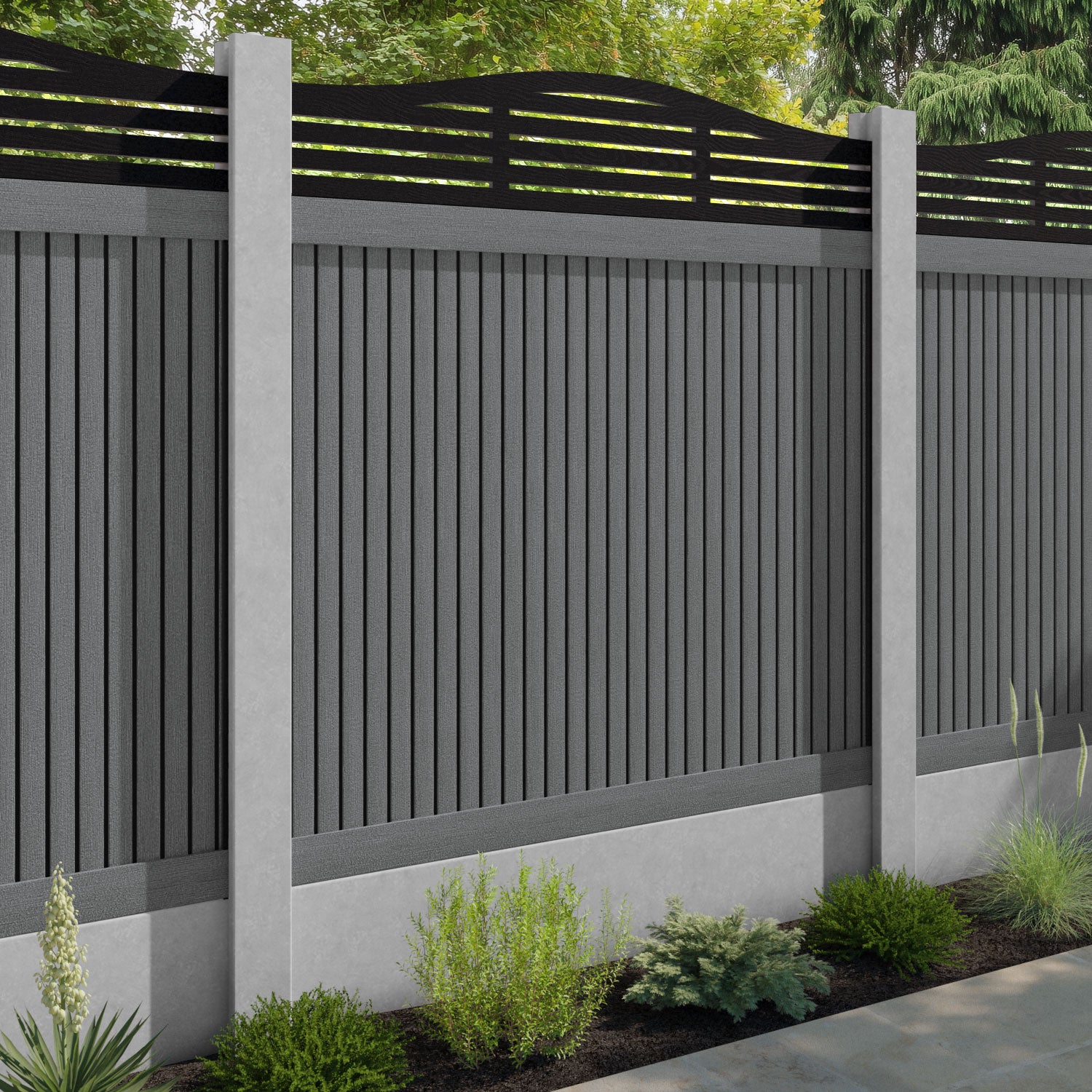 Virtis Aspen Curved Top Fence Panel - Mid Grey - for existing concrete posts