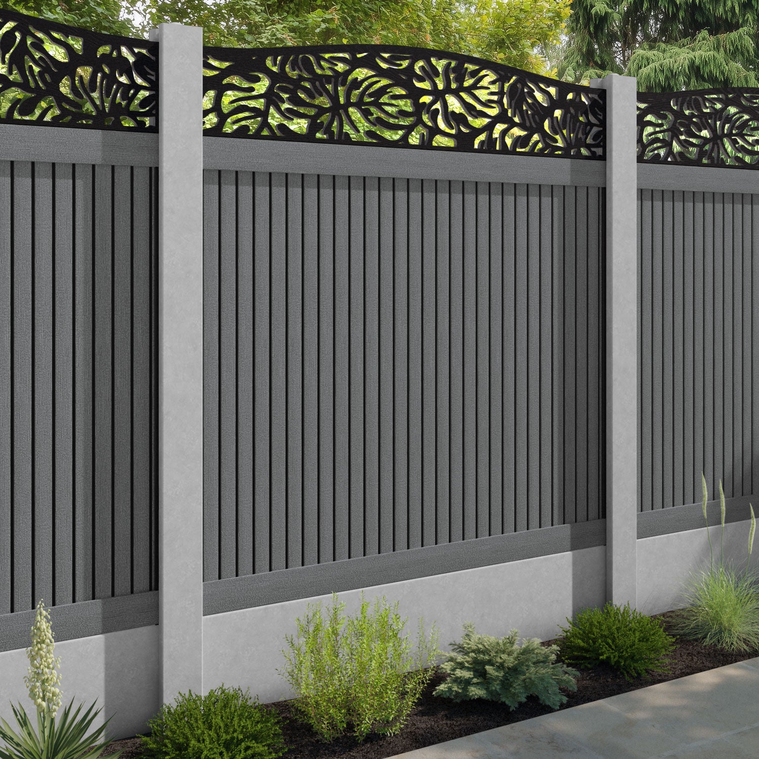 Virtis Botanic Curved Top Fence Panel - Mid Grey - for existing concrete posts