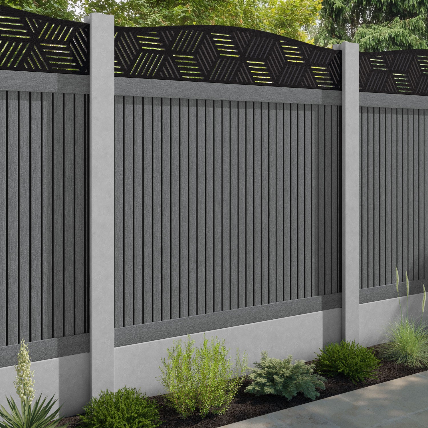 Virtis Cubed Curved Top Fence Panel - Mid Grey - for existing concrete posts