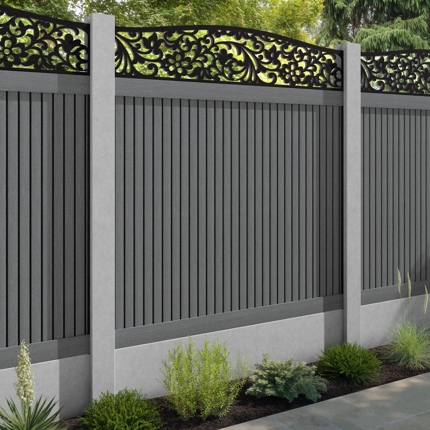 Virtis Eden Curved Top Fence Panel - Mid Grey - for existing concrete posts