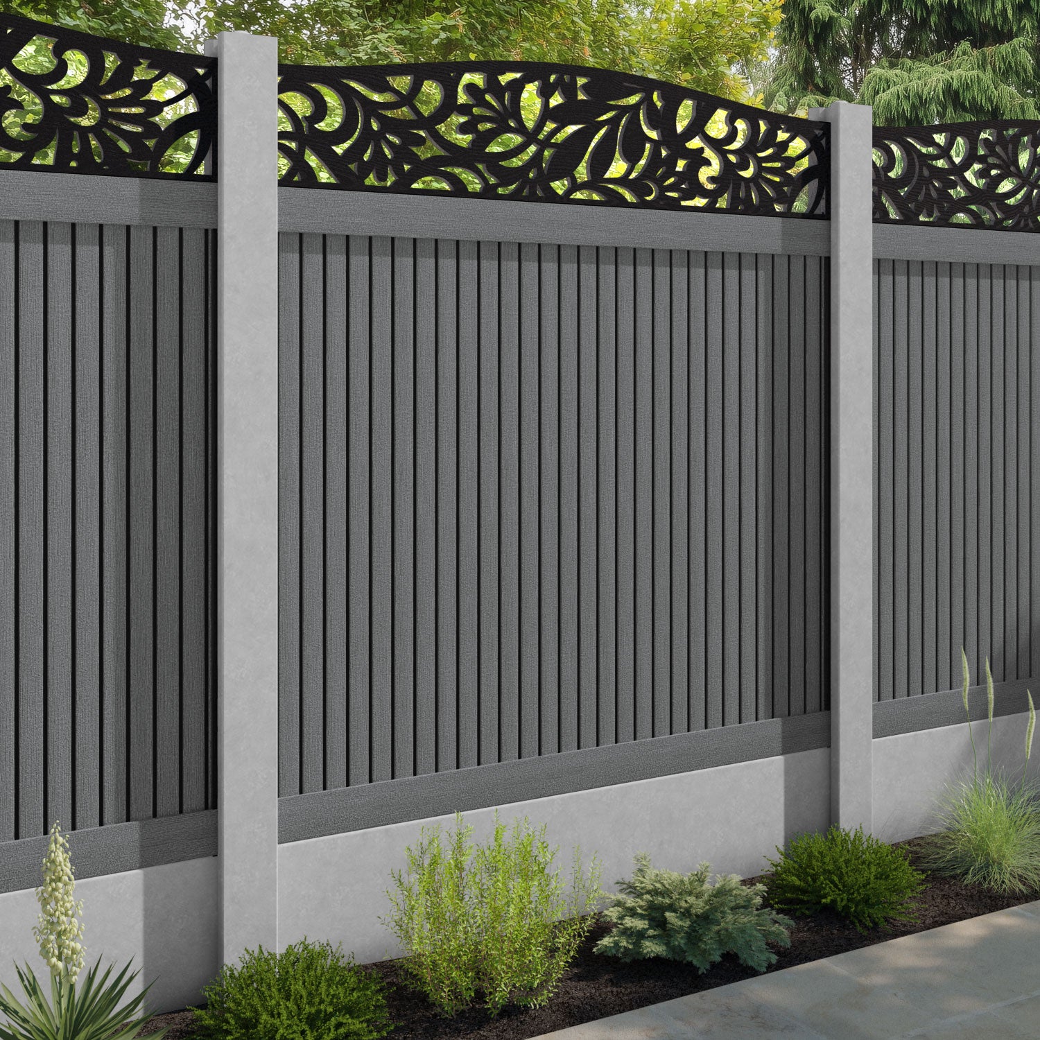 Virtis Heritage Curved Top Fence Panel - Mid Grey - for existing concrete posts