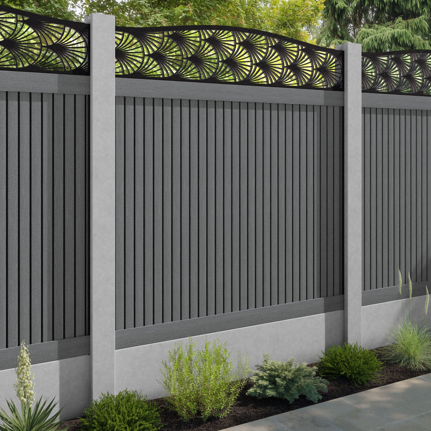 Virtis Laurel Curved Top Fence Panel - Mid Grey - for existing concrete posts