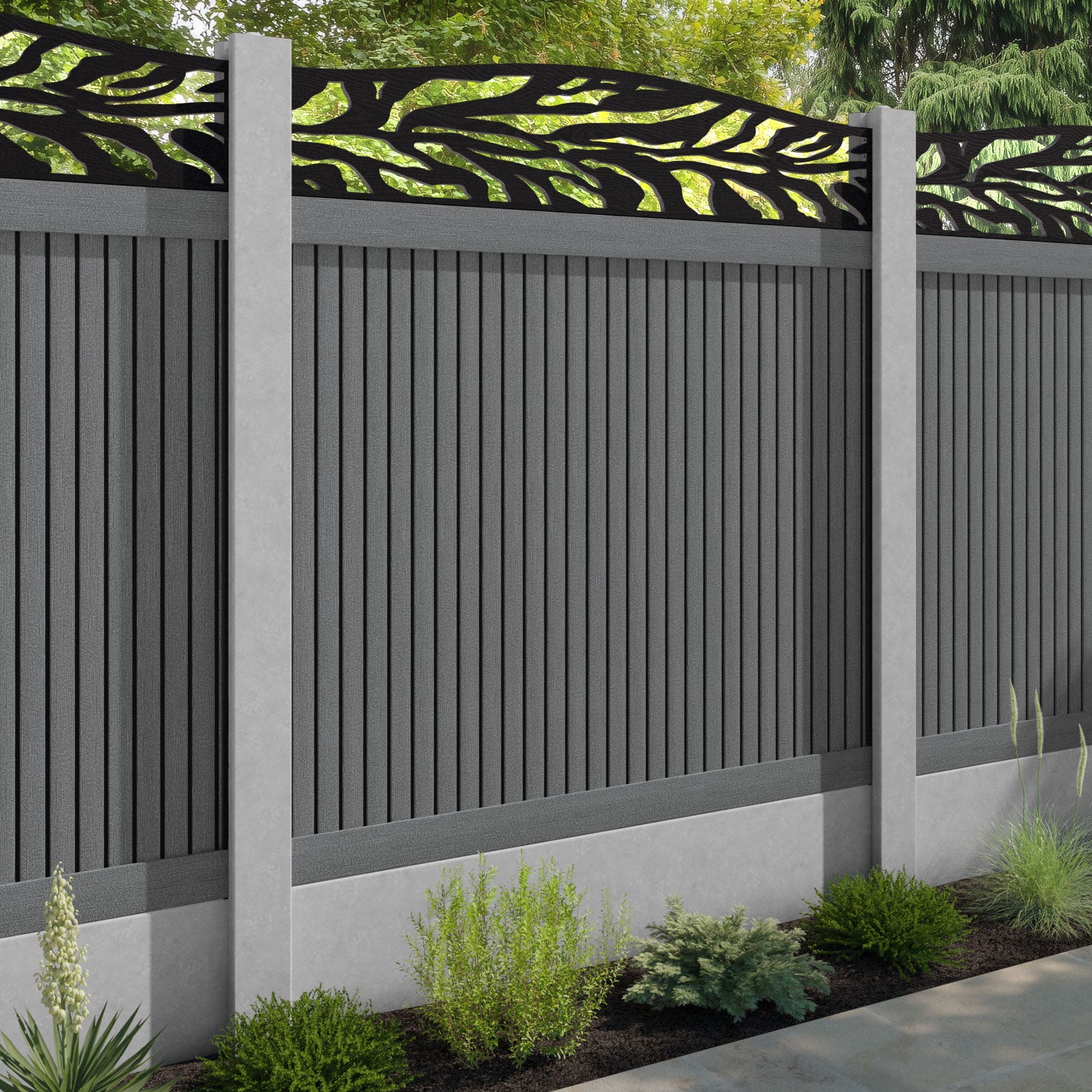 Virtis Malawi Curved Top Fence Panel - Mid Grey - for existing concrete posts