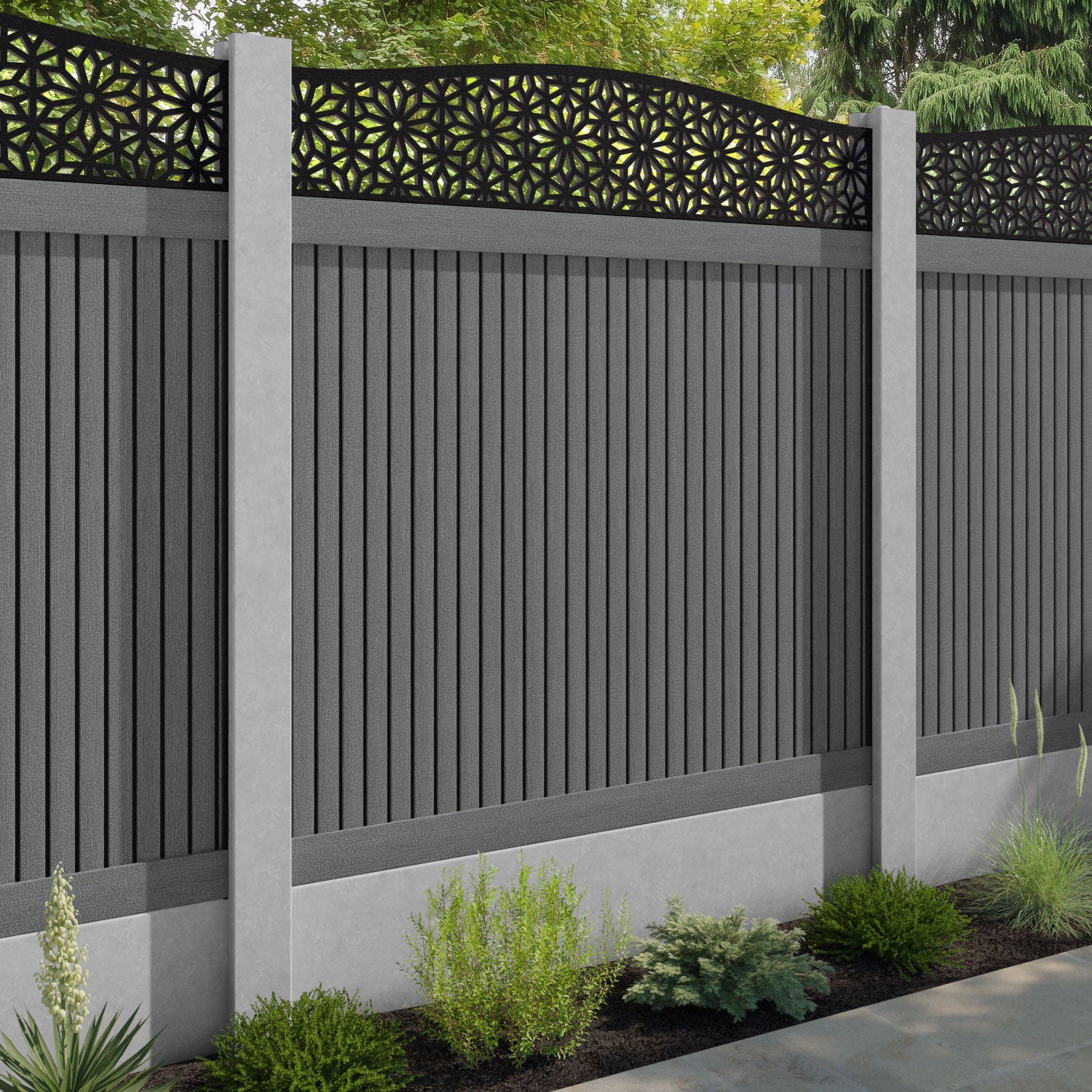 Virtis Narwa Curved Top Fence Panel - Mid Grey - for existing concrete posts