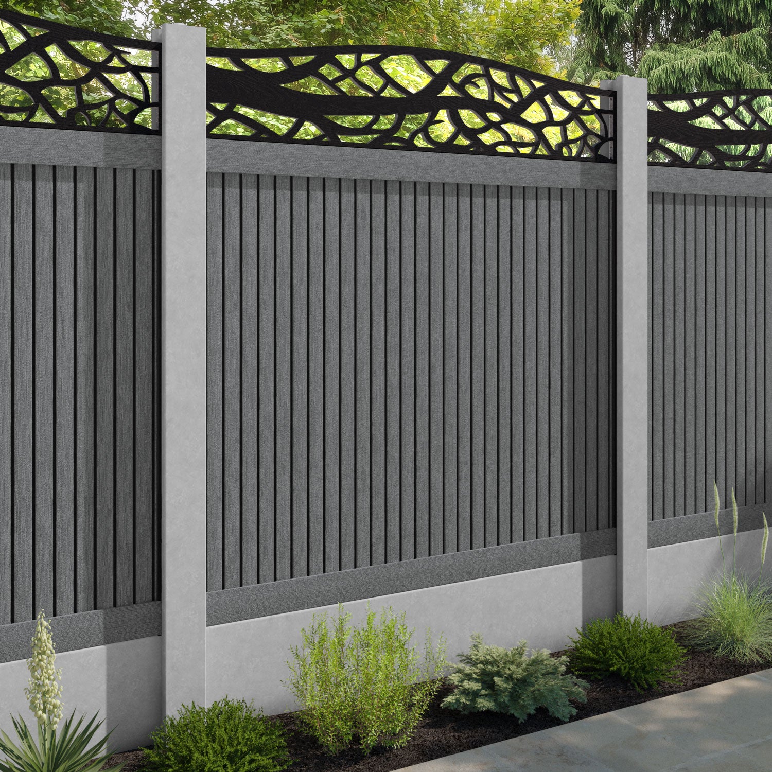 Virtis Twilight Curved Top Fence Panel - Mid Grey - for existing concrete posts