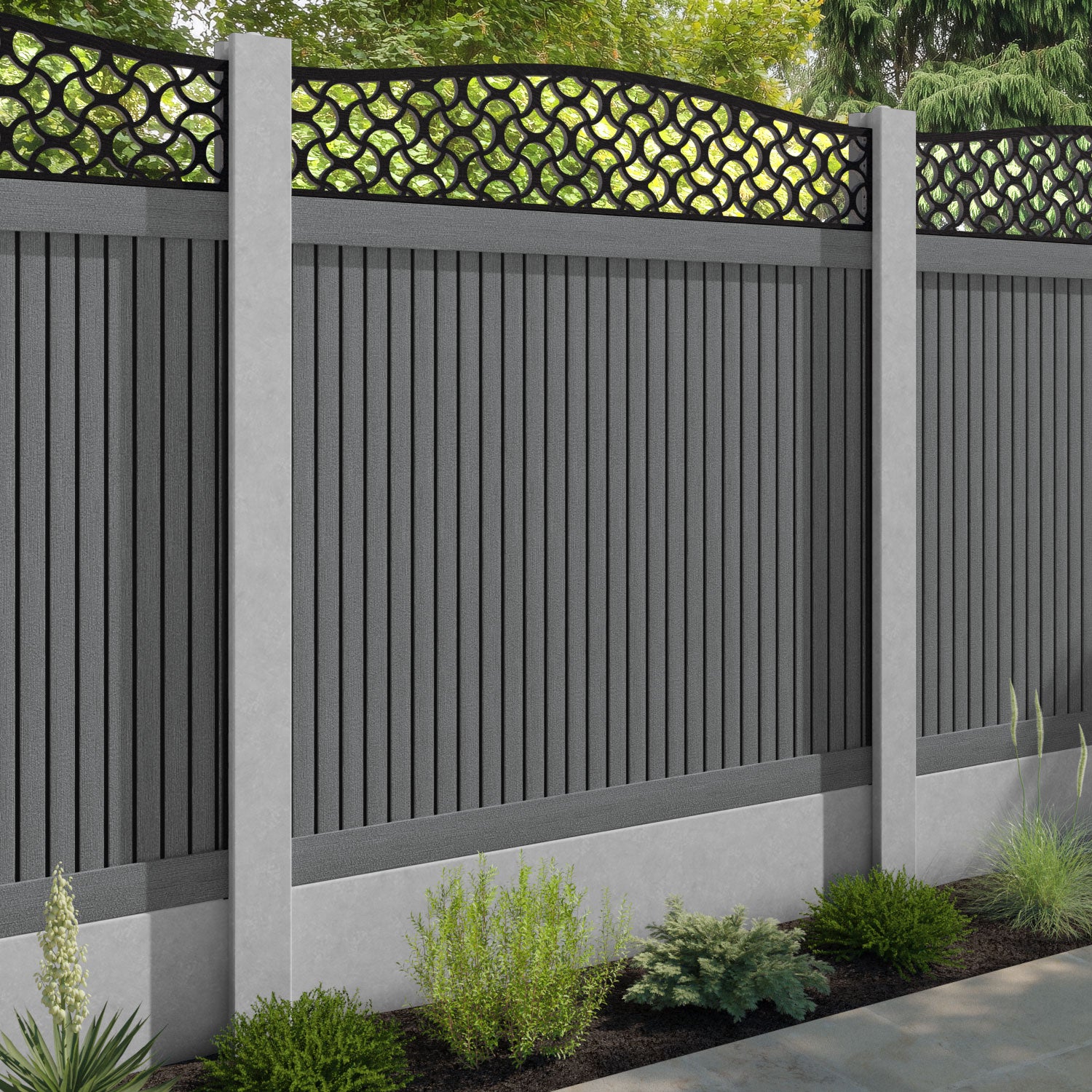 Virtis Vida Curved Top Fence Panel - Mid Grey - for existing concrete posts