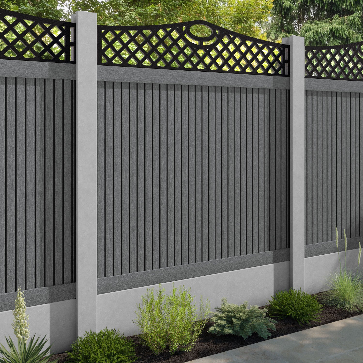 Virtis Oxford Curved Top Fence Panel - Mid Grey - for existing concrete posts