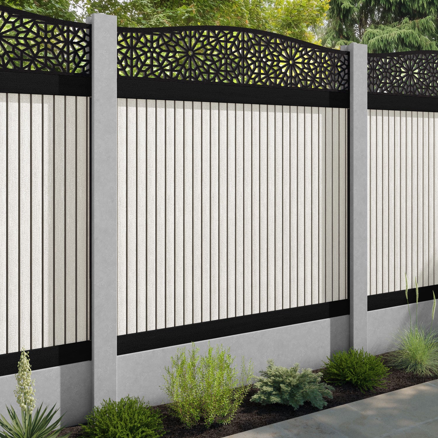 Virtis Alnara Curved Top Fence Panel - Light Stone - for existing concrete posts