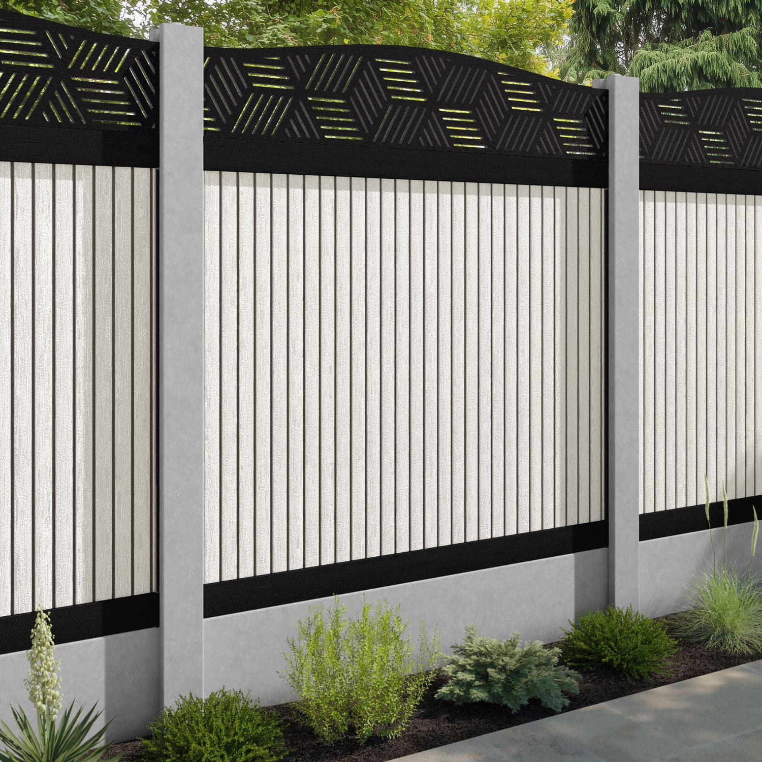 Virtis Cubed Curved Top Fence Panel - Light Stone - for existing concrete posts