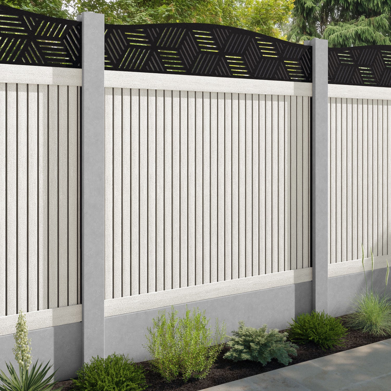 Virtis Cubed Curved Top Fence Panel - Light Stone - for existing concrete posts