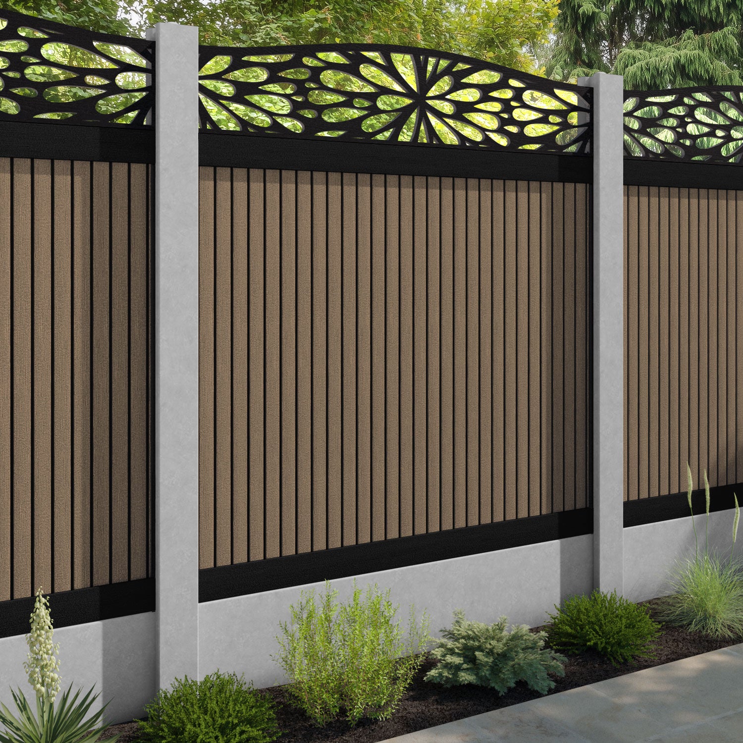 Virtis Blossom Curved Top Fence Panel - Teak - for existing concrete posts