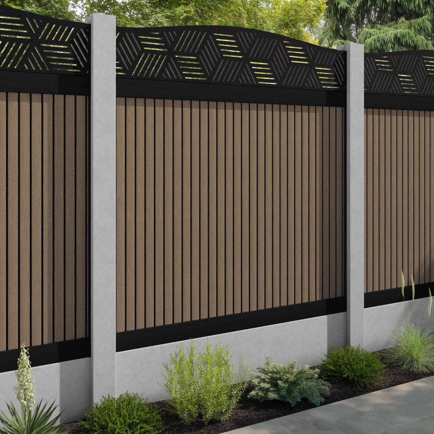 Virtis Cubed Curved Top Fence Panel - Teak - for existing concrete posts
