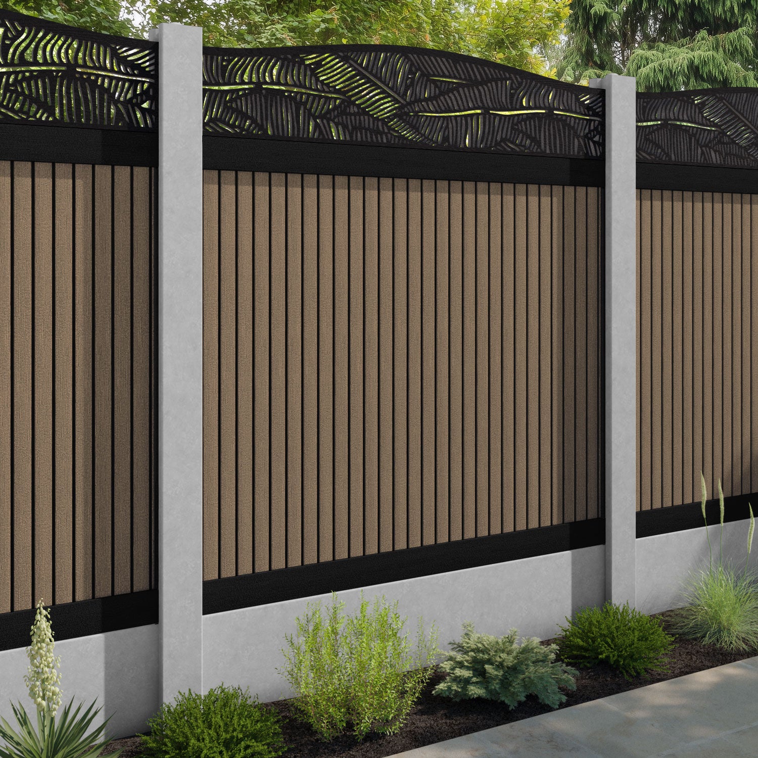 Virtis Feather Curved Top Fence Panel - Teak - for existing concrete posts
