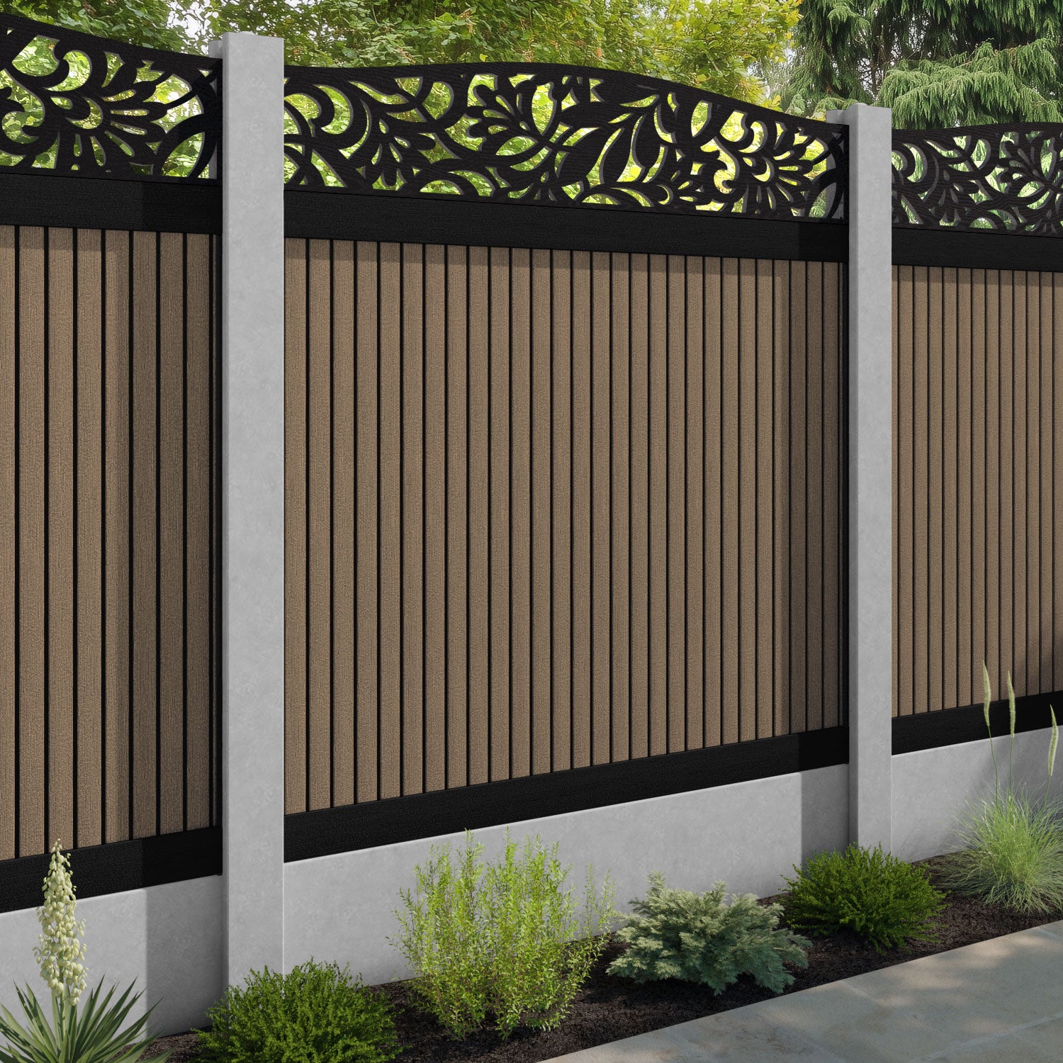 Virtis Heritage Curved Top Fence Panel - Teak - for existing concrete posts