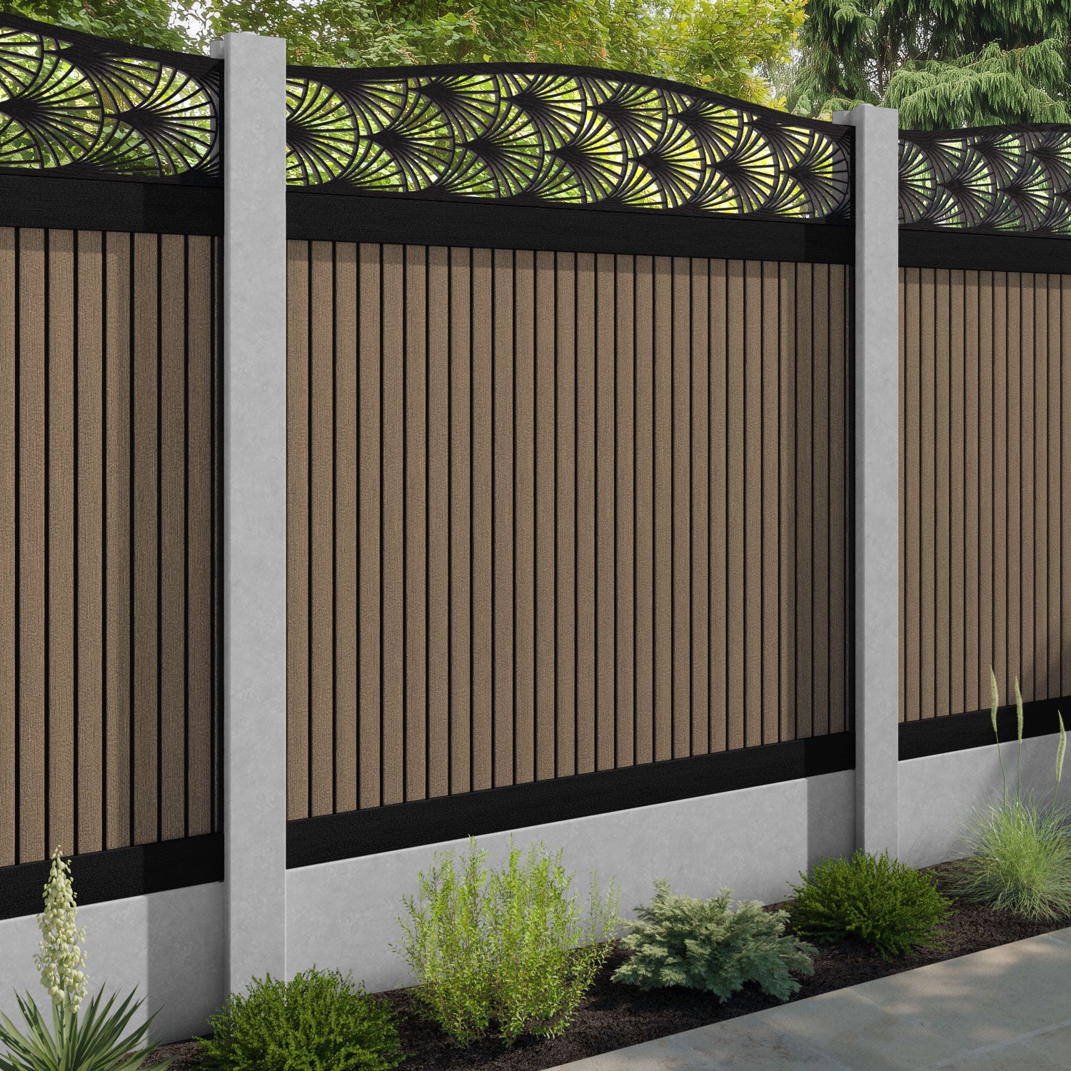 Virtis Laurel Curved Top Fence Panel - Teak - for existing concrete posts