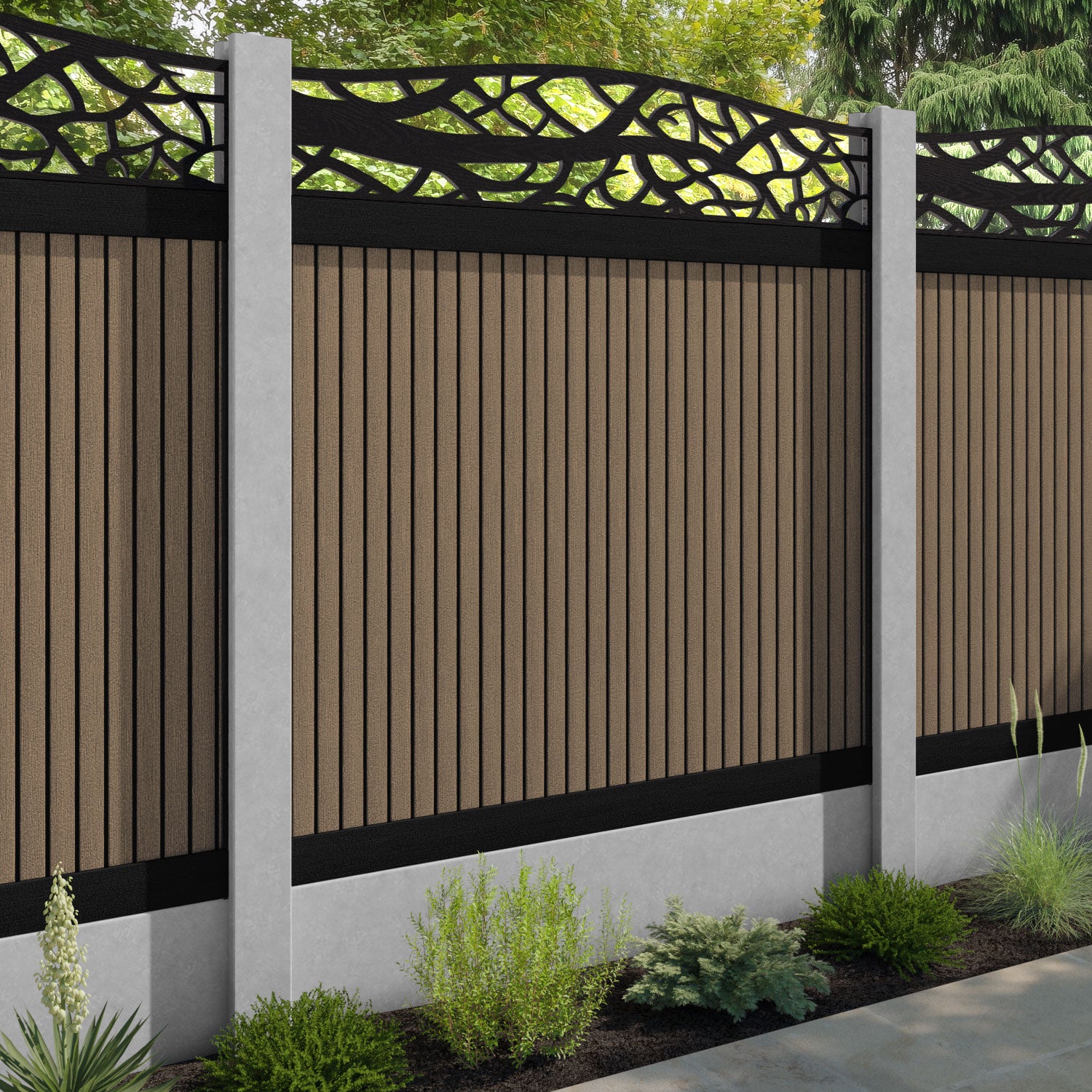 Virtis Twilight Curved Top Fence Panel - Teak - for existing concrete posts