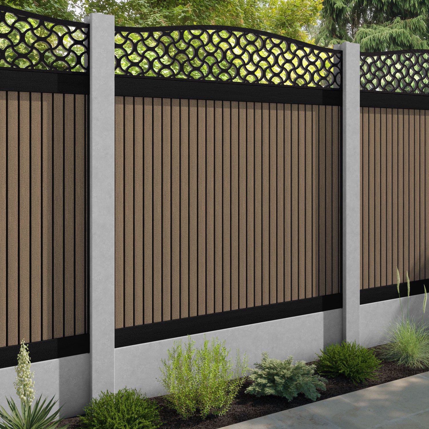 Virtis Vida Curved Top Fence Panel - Teak - for existing concrete posts