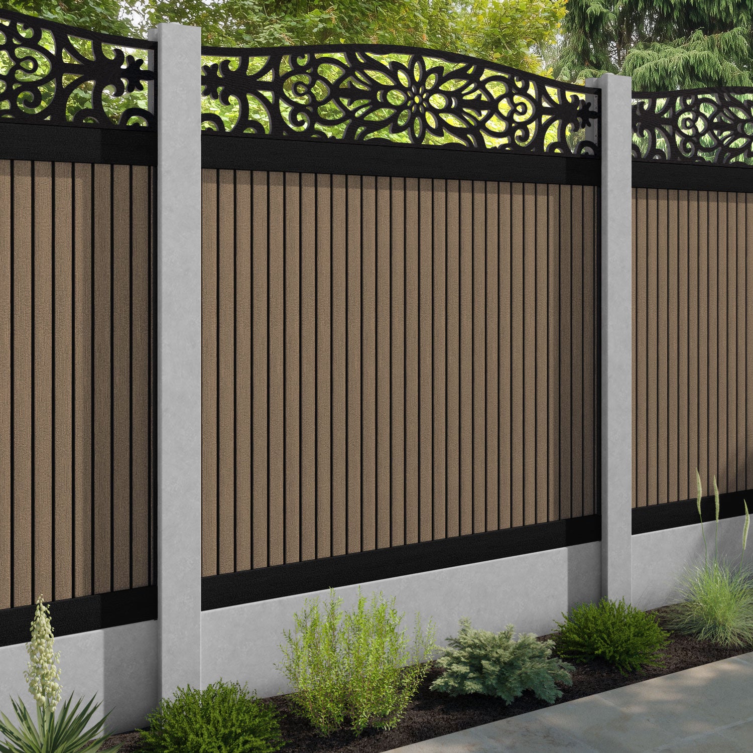 Virtis Windsor Curved Top Fence Panel - Teak - for existing concrete posts