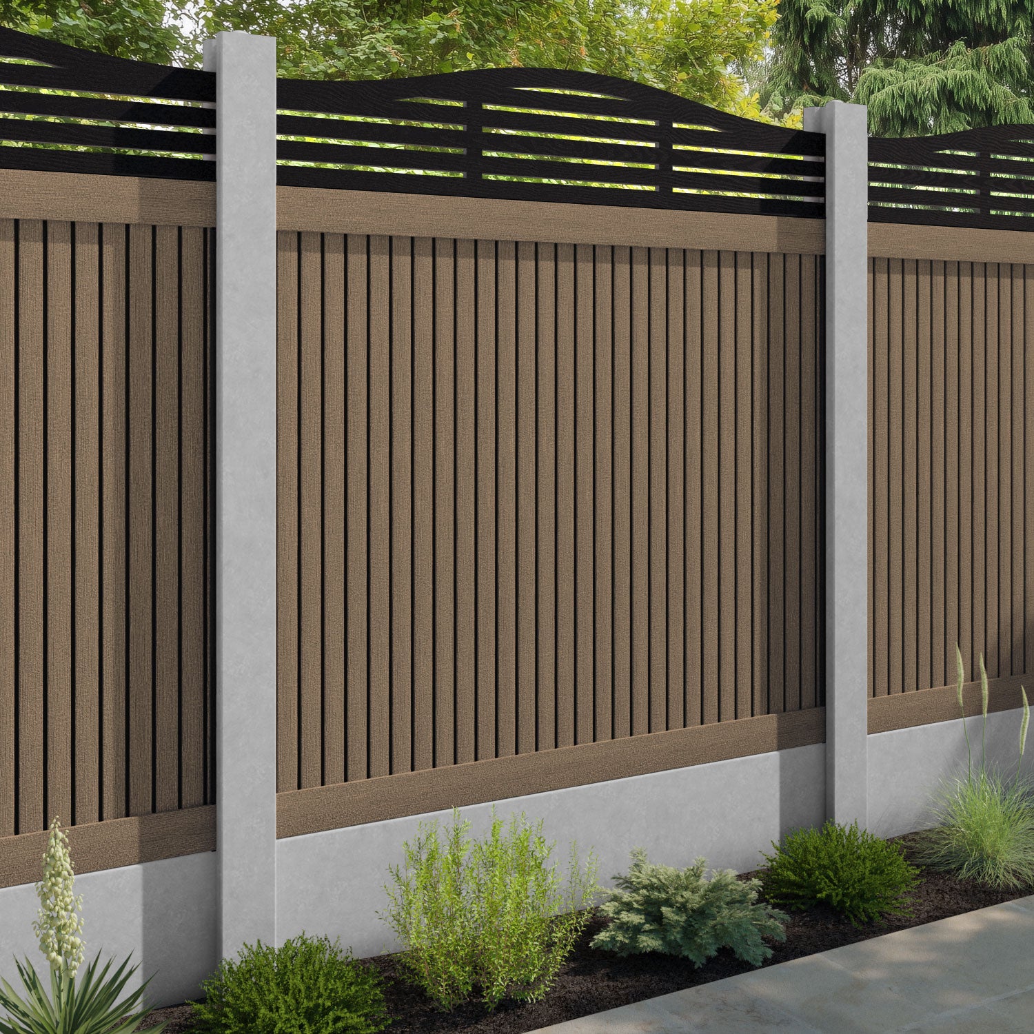 Virtis Aspen Curved Top Fence Panel - Teak - for existing concrete posts