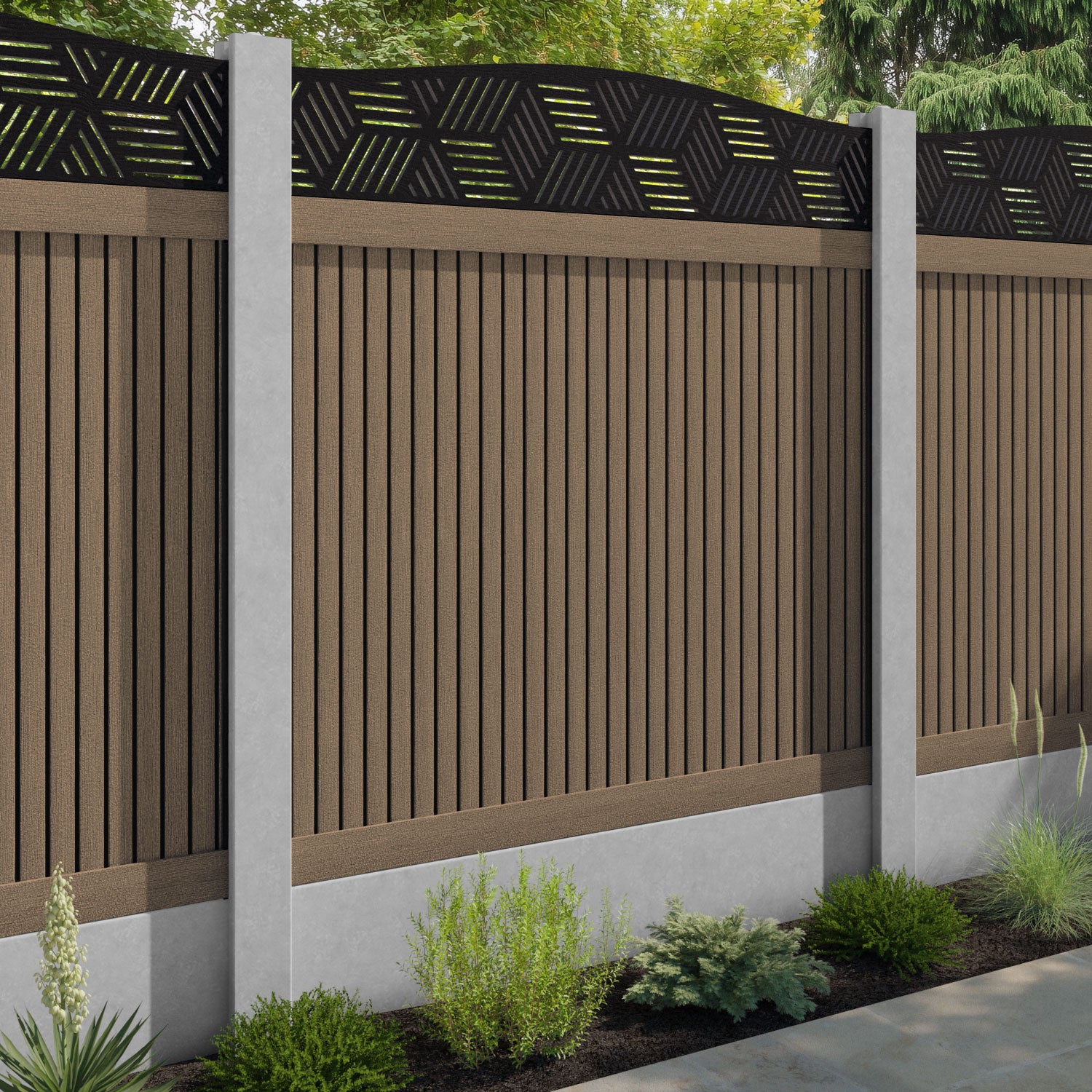 Virtis Cubed Curved Top Fence Panel - Teak - for existing concrete posts