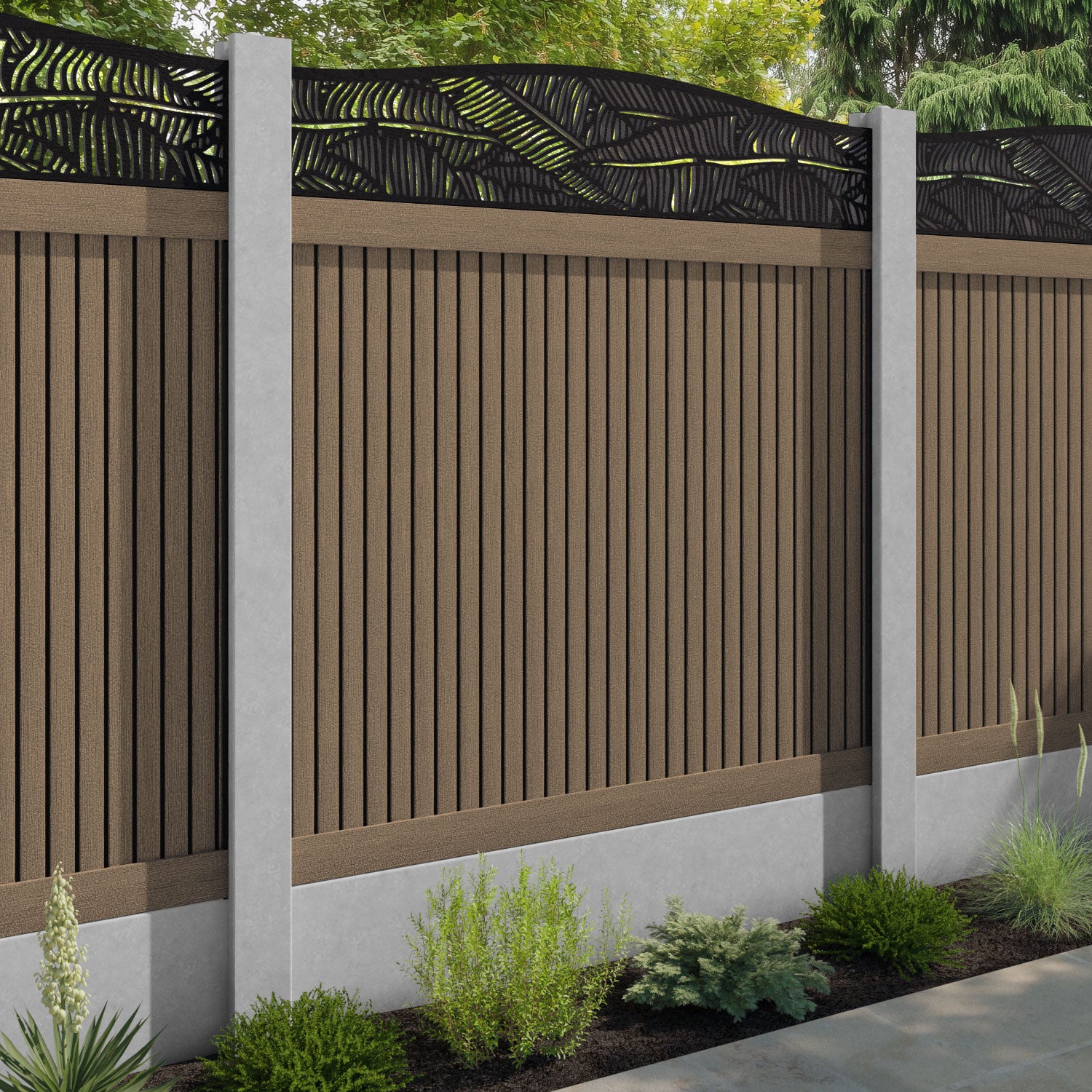 Virtis Feather Curved Top Fence Panel - Teak - for existing concrete posts