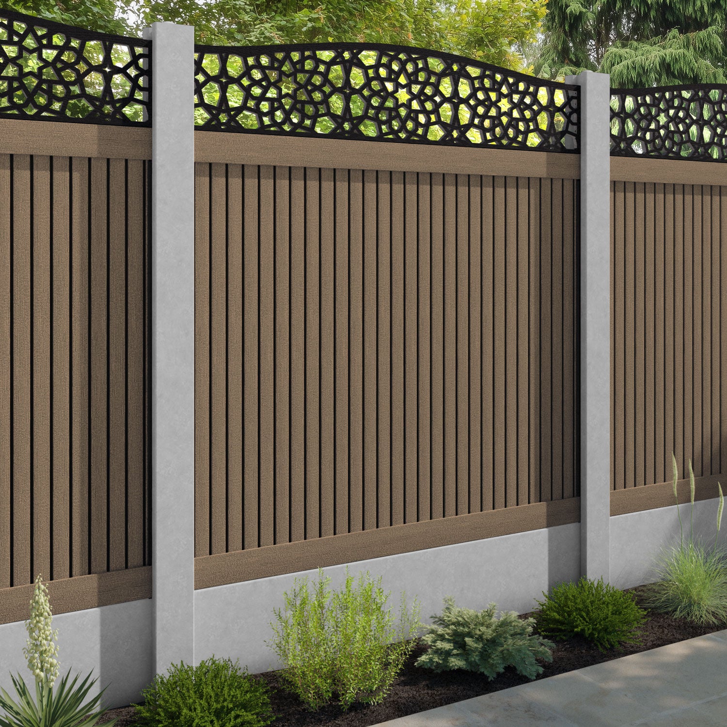 Virtis Nazira Curved Top Fence Panel - Teak - for existing concrete posts