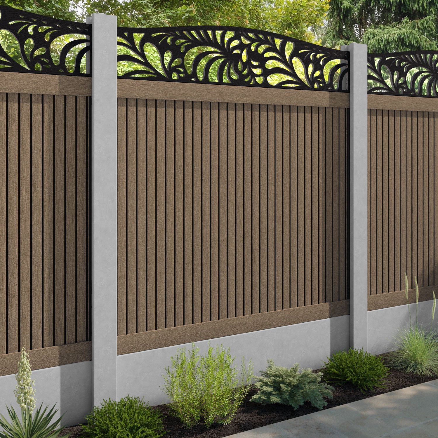 Virtis Petal Curved Top Fence Panel - Teak - for existing concrete posts