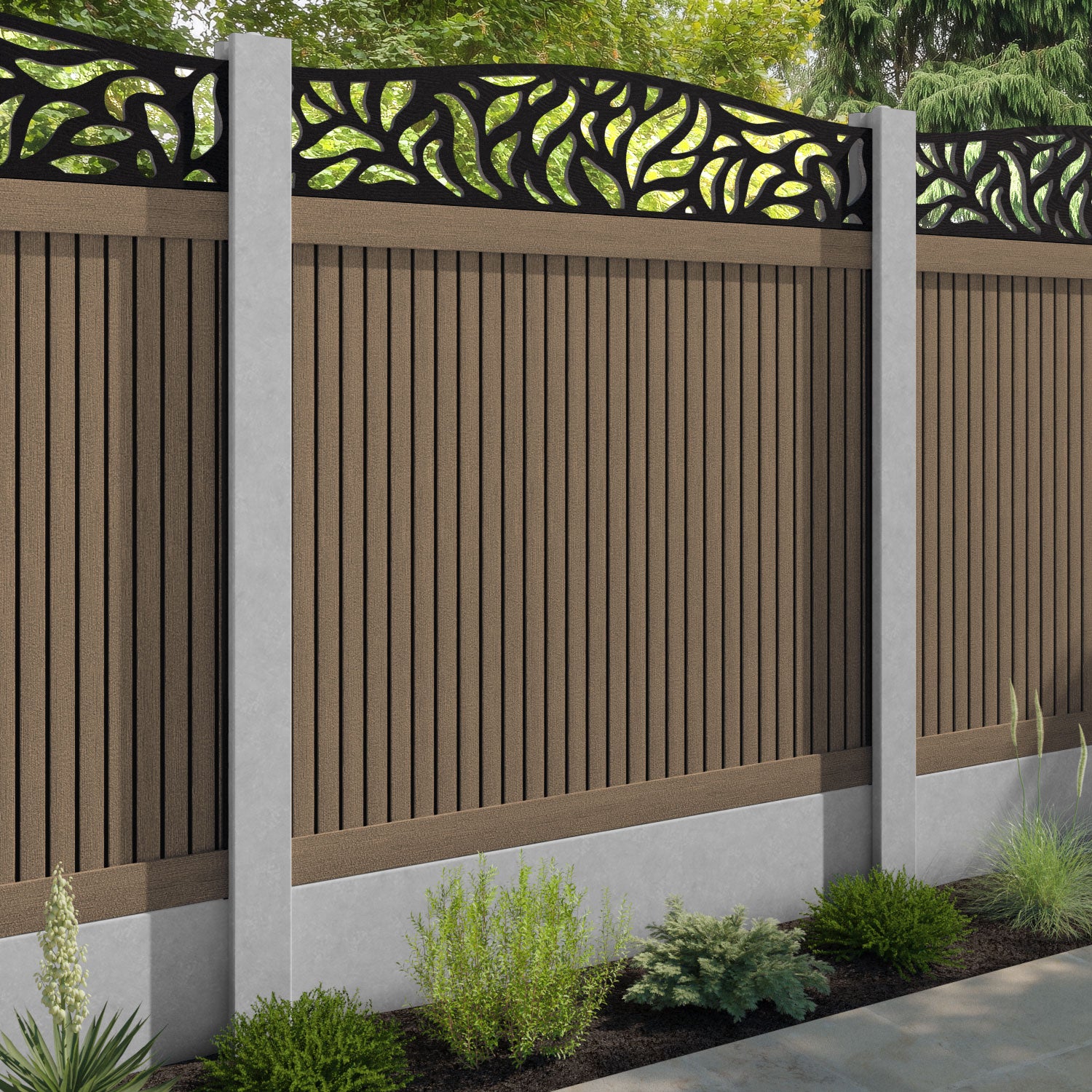 Virtis Plume Curved Top Fence Panel - Teak - for existing concrete posts