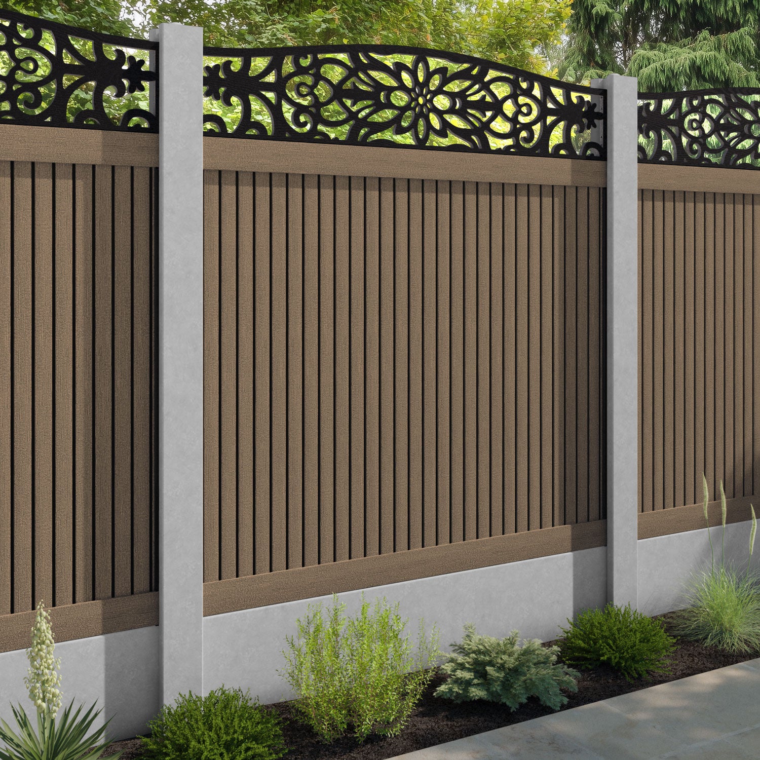 Virtis Windsor Curved Top Fence Panel - Teak - for existing concrete posts