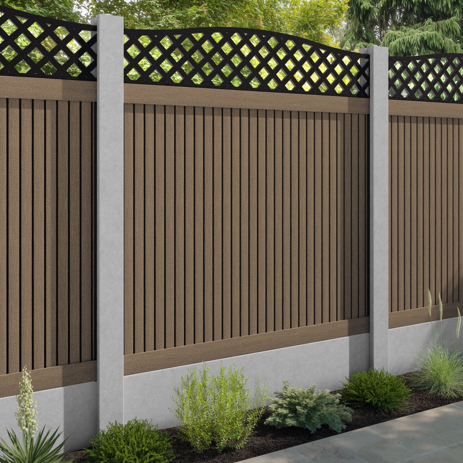 Virtis High Wave Fence Panel - Teak - for existing concrete posts