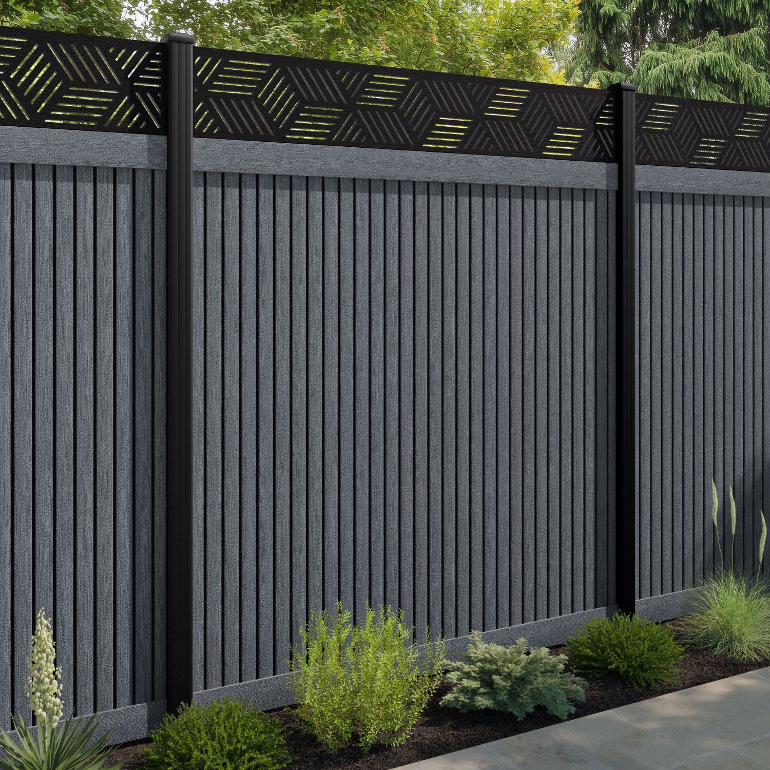 Virtis Cubed Fence Panel - Anthracite - with our aluminium posts