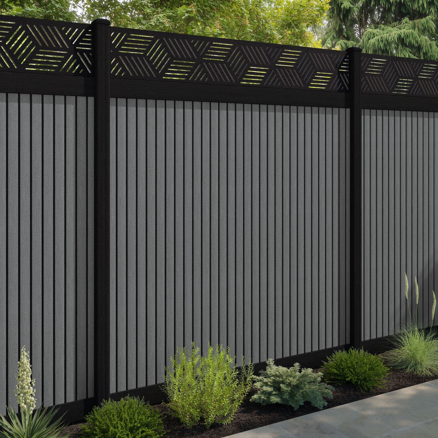 Virtis Cubed Fence Panel - Mid Grey - with our aluminium posts