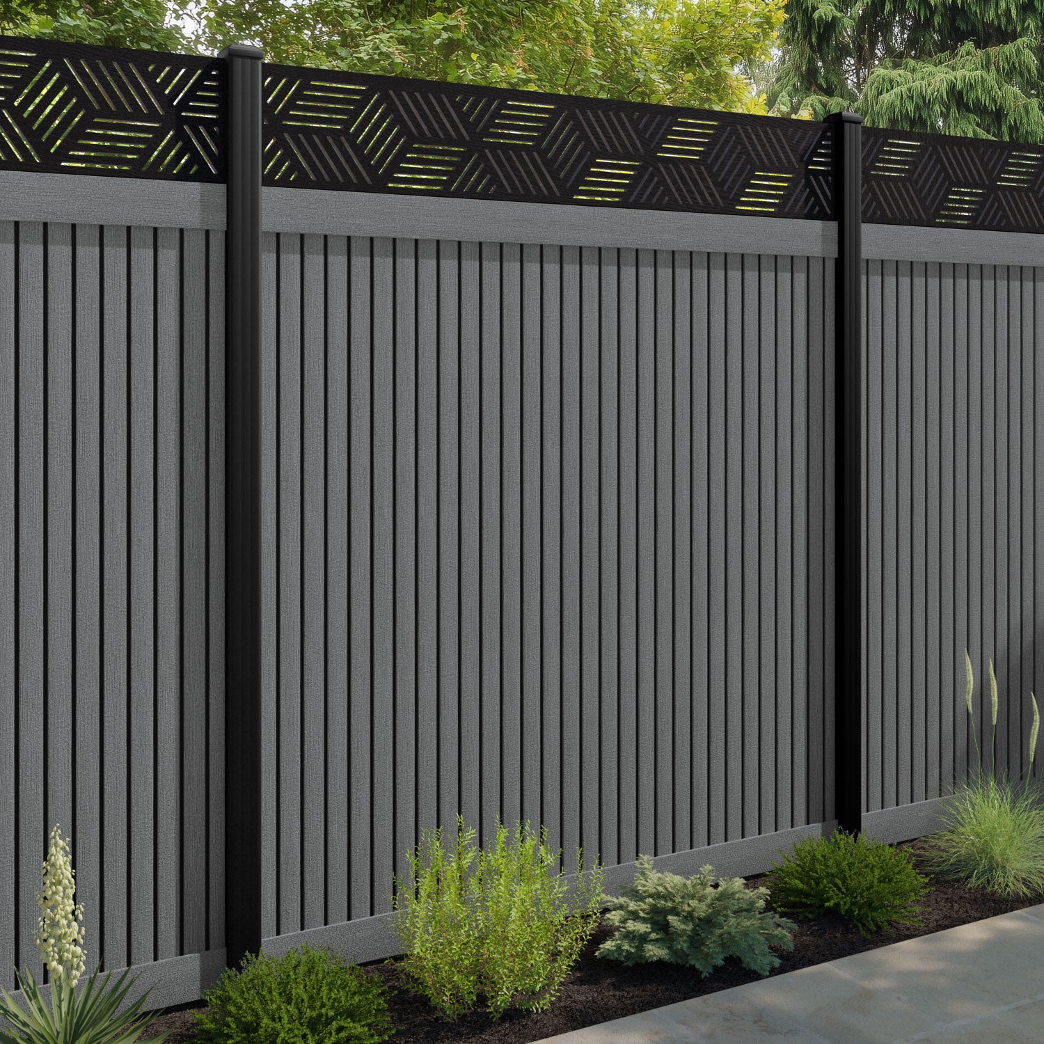 Virtis Cubed Fence Panel - Mid Grey - with our composite posts