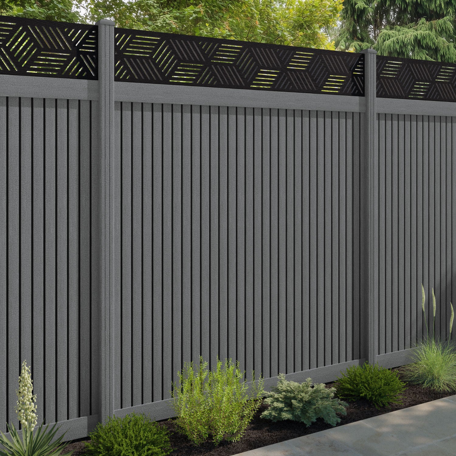 Virtis Cubed Fence Panel - Mid Grey - with our composite posts