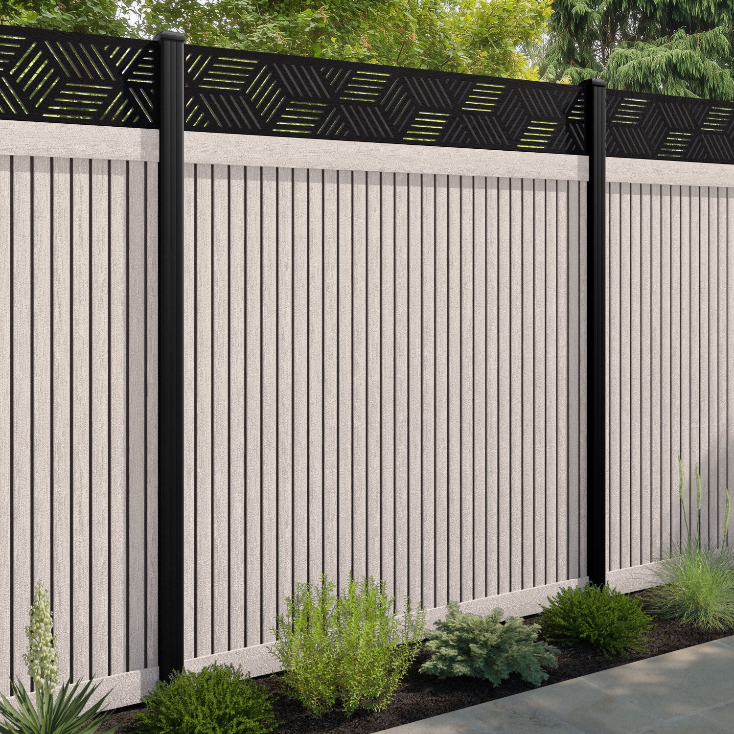 Virtis Cubed Fence Panel - Mid Stone - with our composite posts