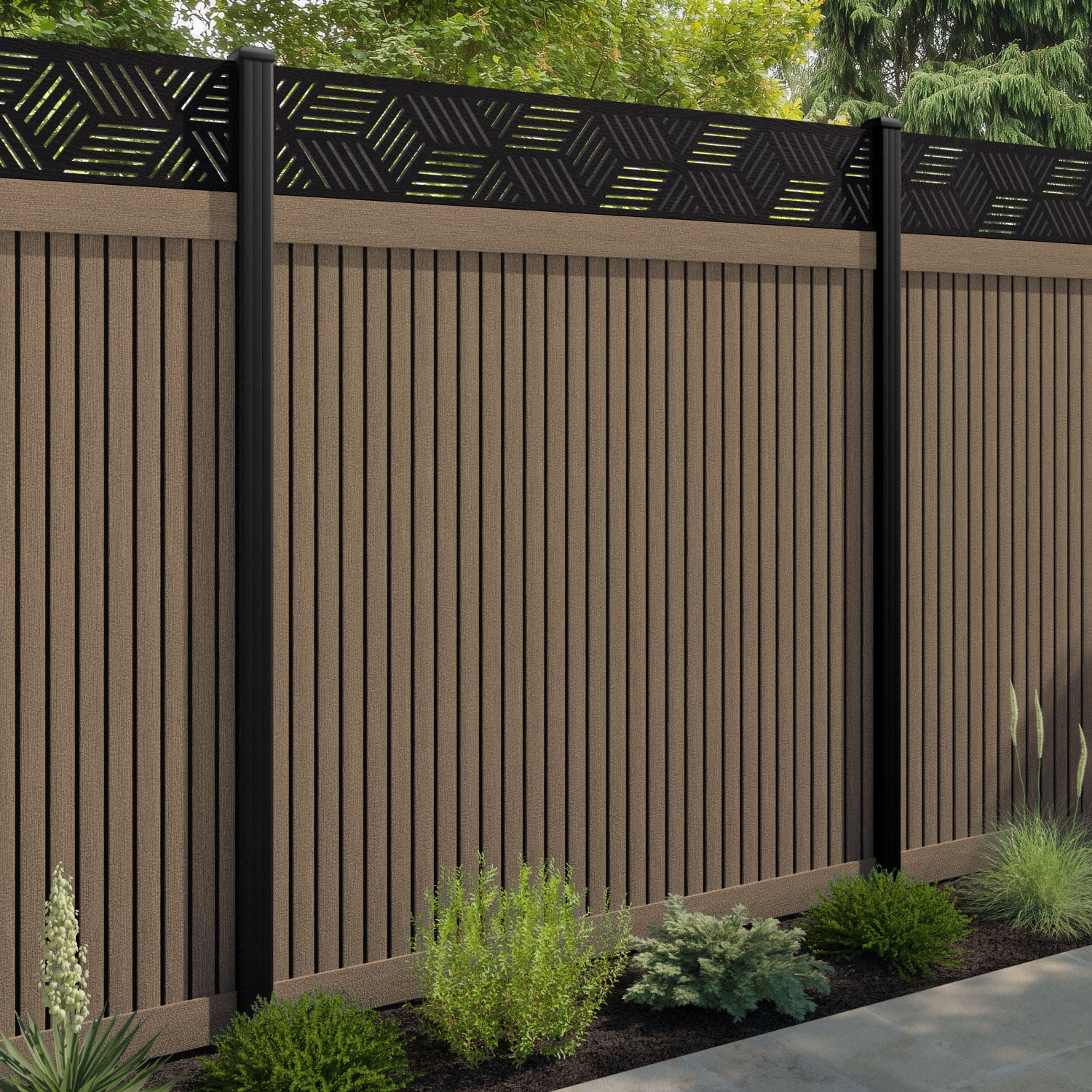 Virtis Cubed Fence Panel - Teak - with our aluminium posts