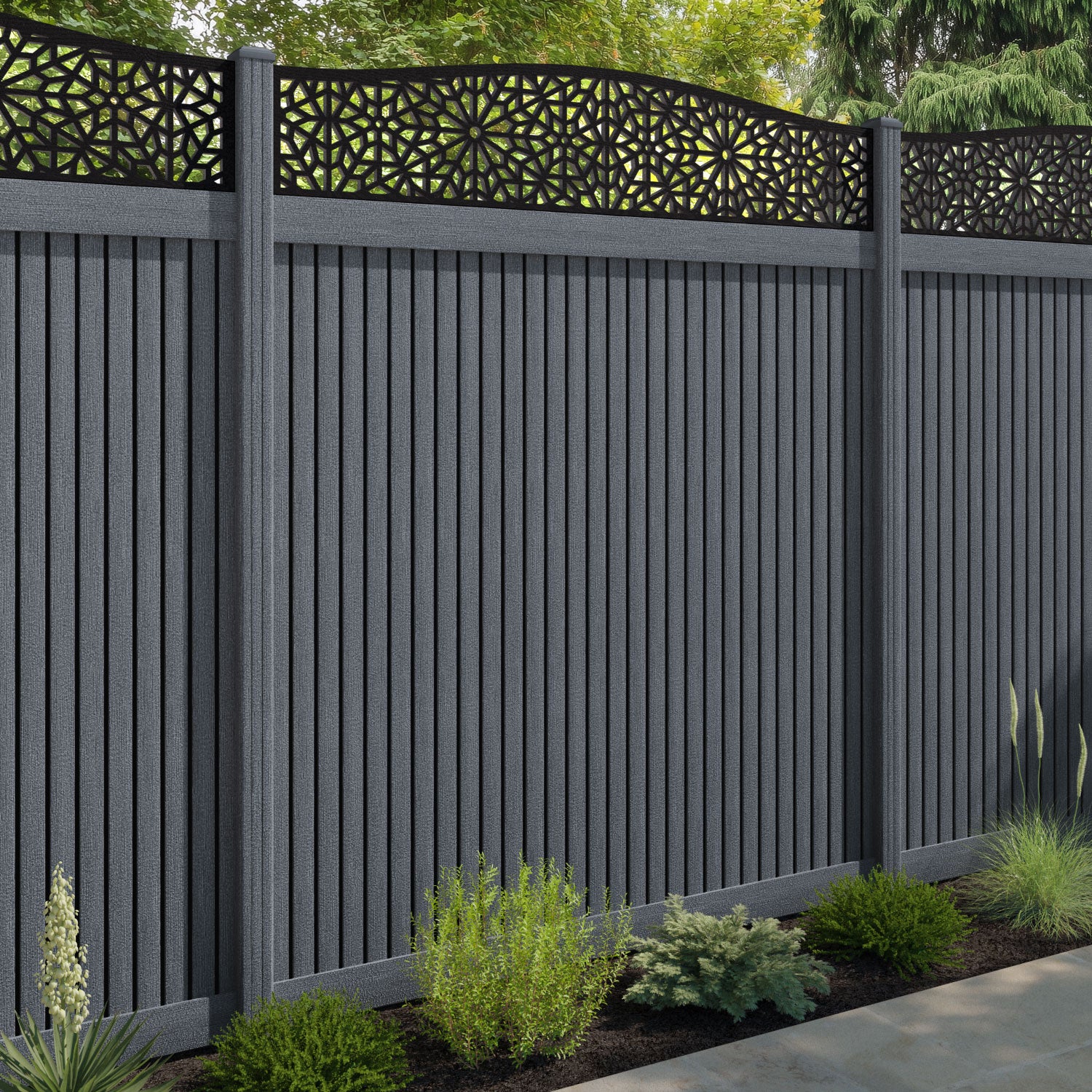Virtis Alnara Curved Top Fence Panel - Anthracite - with our composite posts