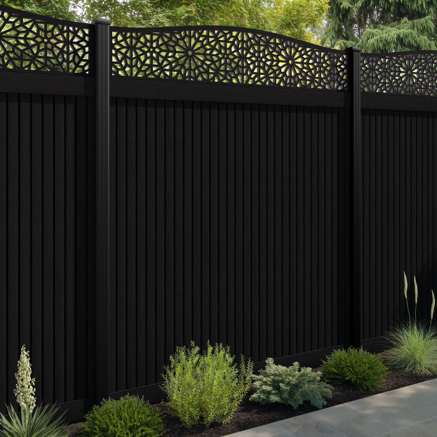 Virtis Alnara Curved Top Fence Panel - Black - with our aluminium posts