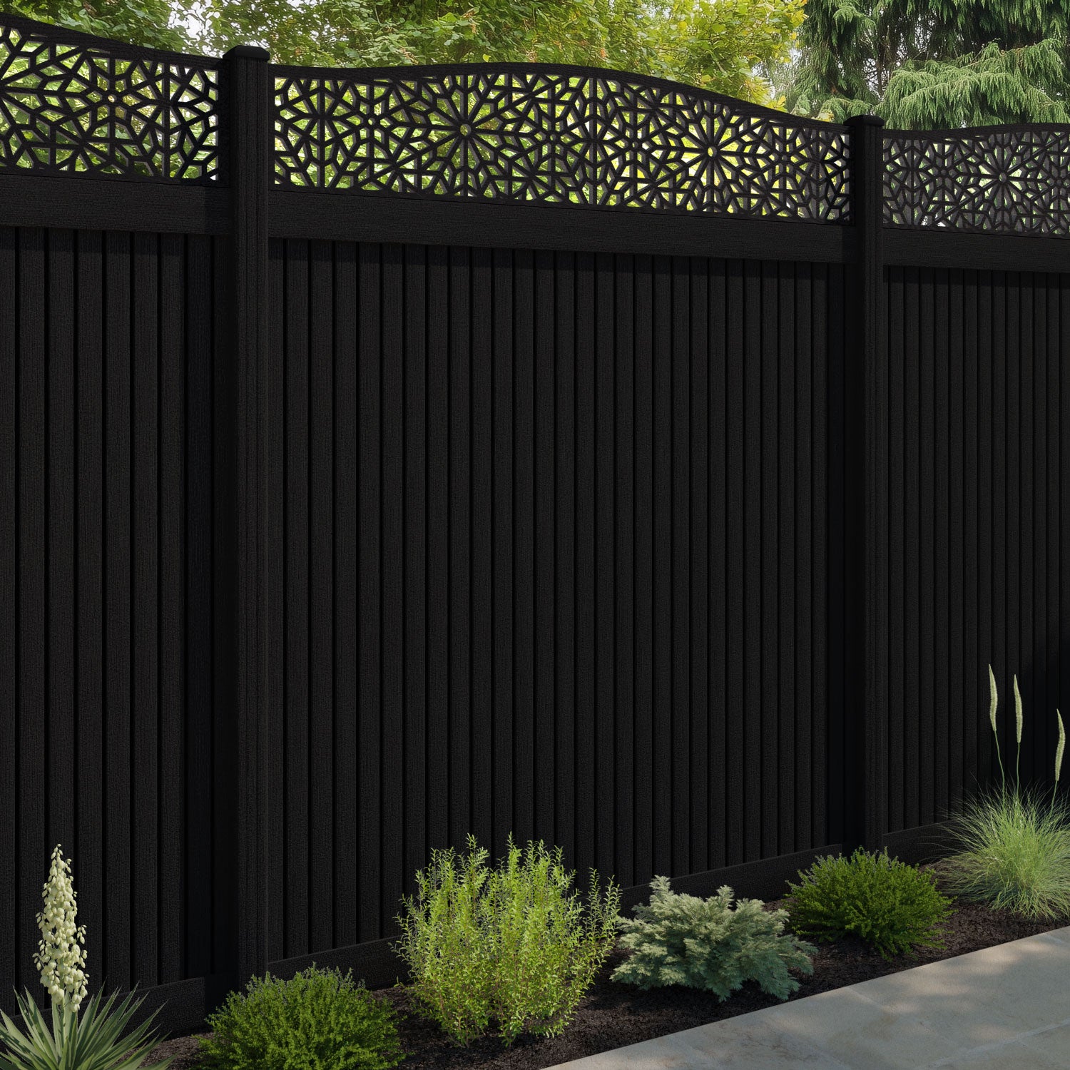 Virtis Alnara Curved Top Fence Panel - Black - with our composite posts