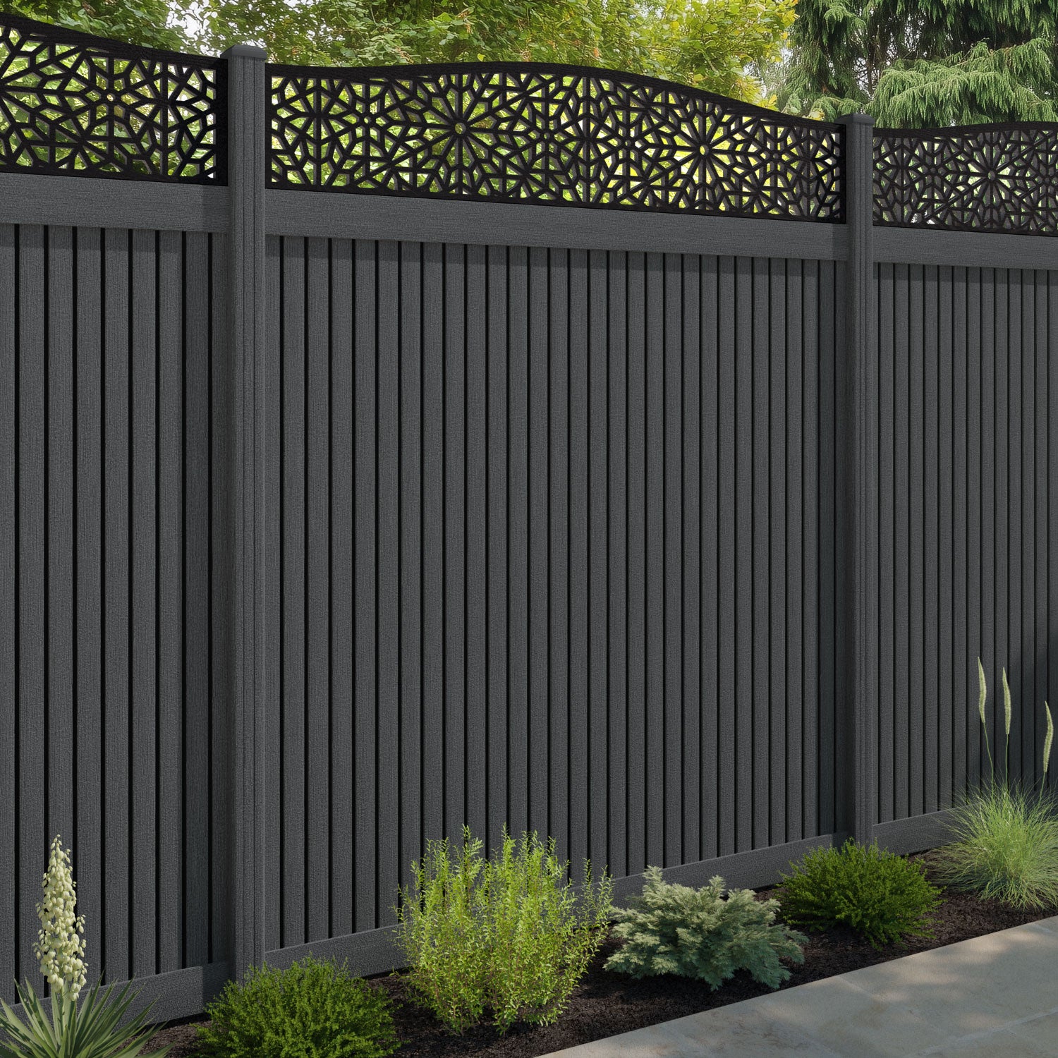 Virtis Alnara Curved Top Fence Panel - Dark Grey - with our composite posts