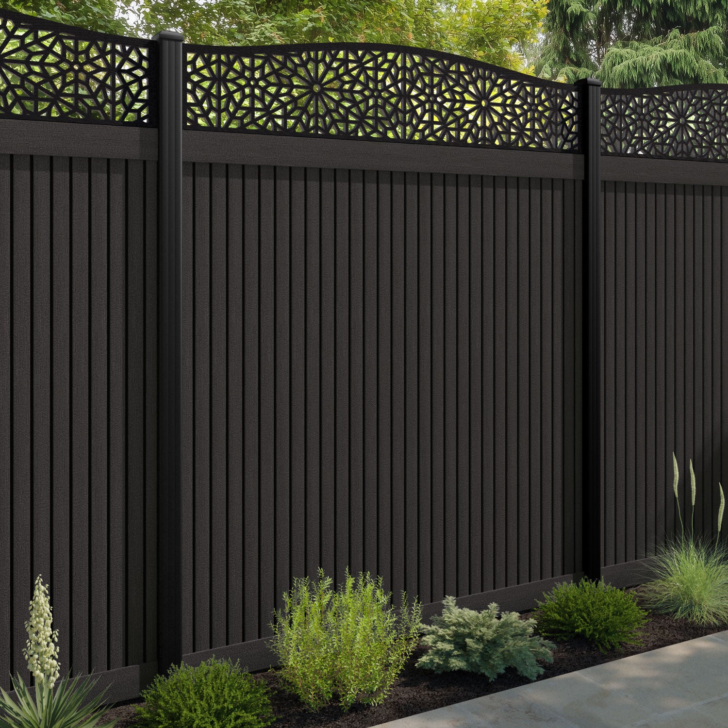 Virtis Alnara Curved Top Fence Panel - Dark Oak - with our aluminium posts