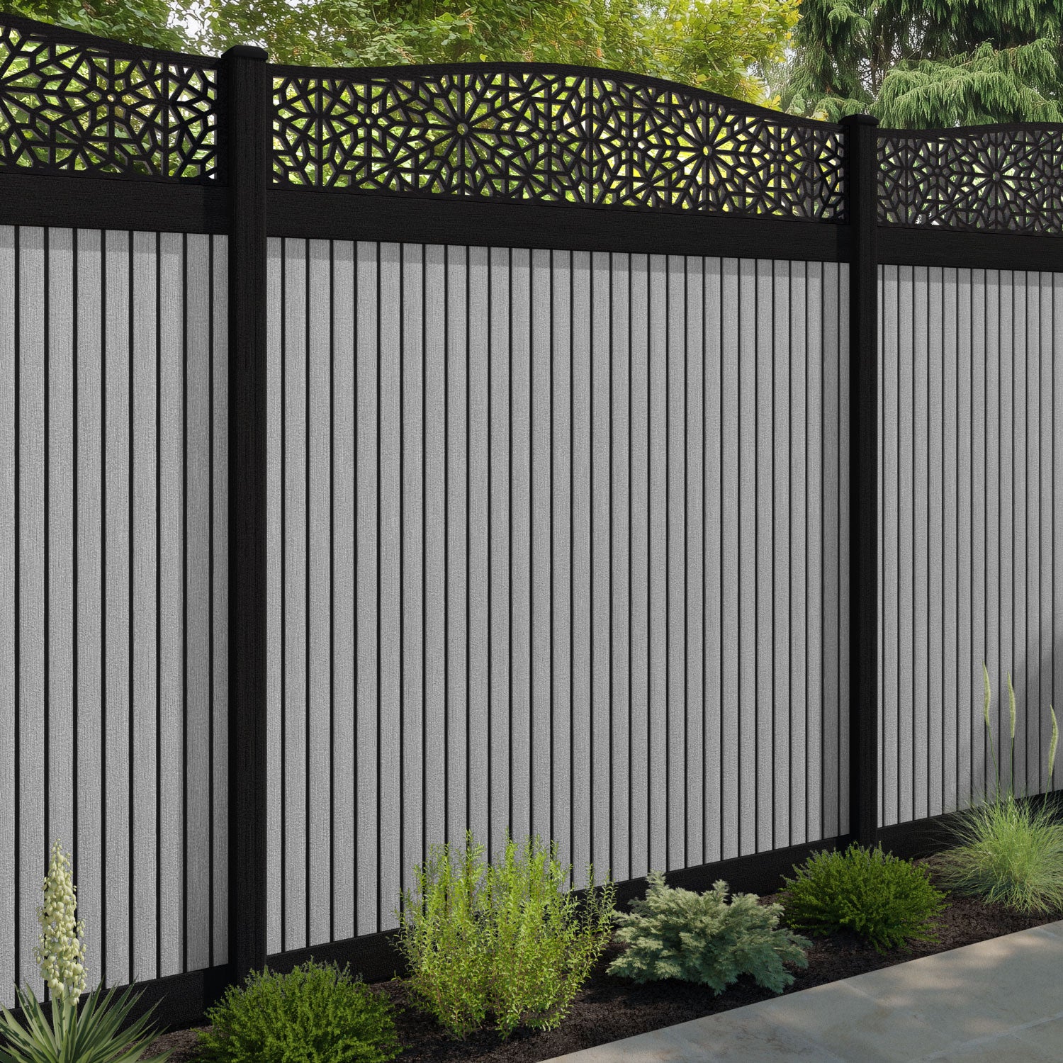 Virtis Alnara Curved Top Fence Panel - Light Grey - with our aluminium posts