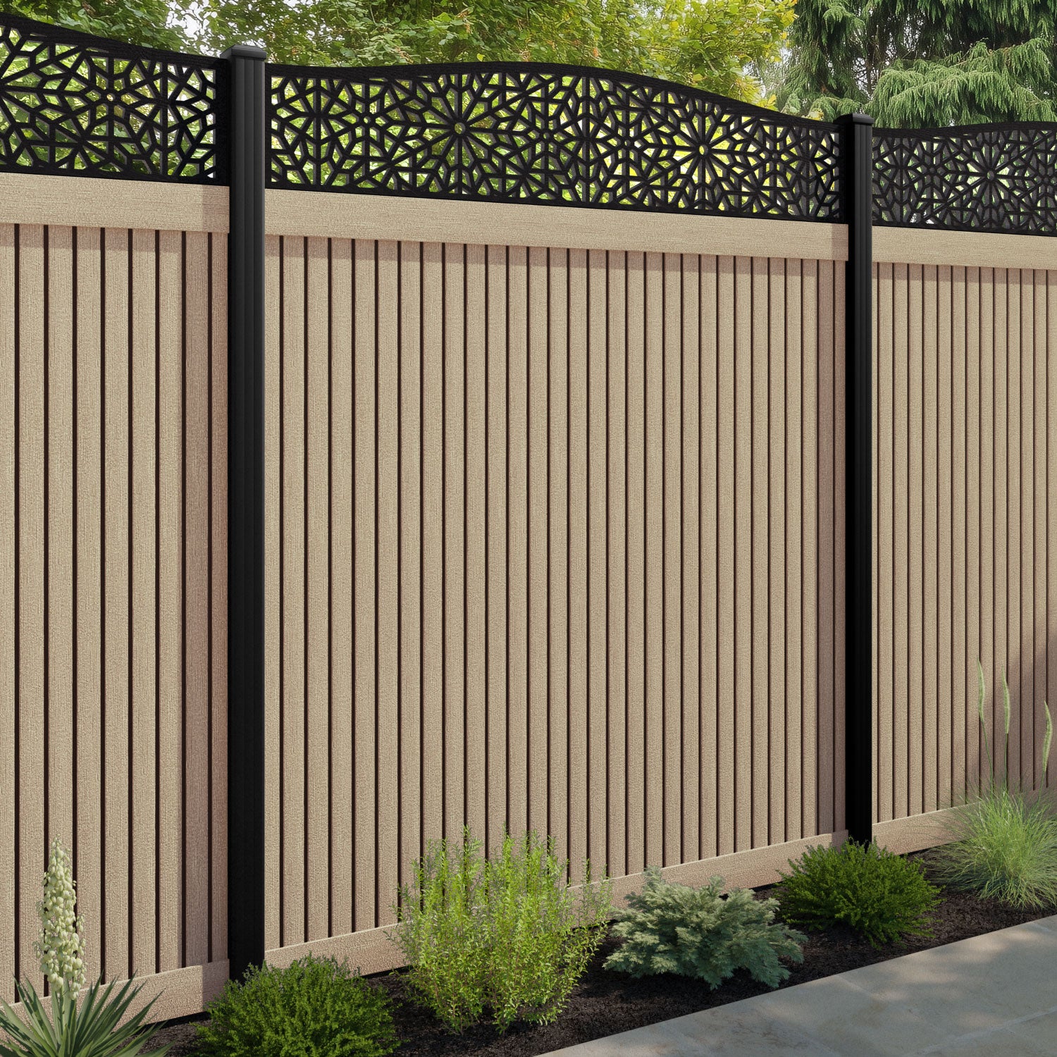 Virtis Alnara Curved Top Fence Panel - Light Oak - with our composite posts