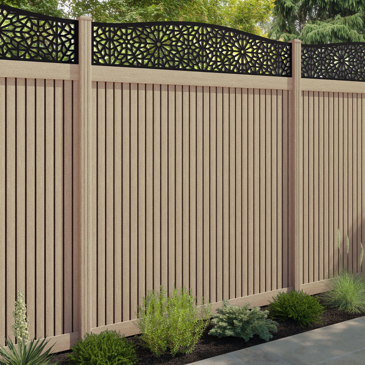 Virtis Alnara Curved Top Fence Panel - Light Oak - with our composite posts