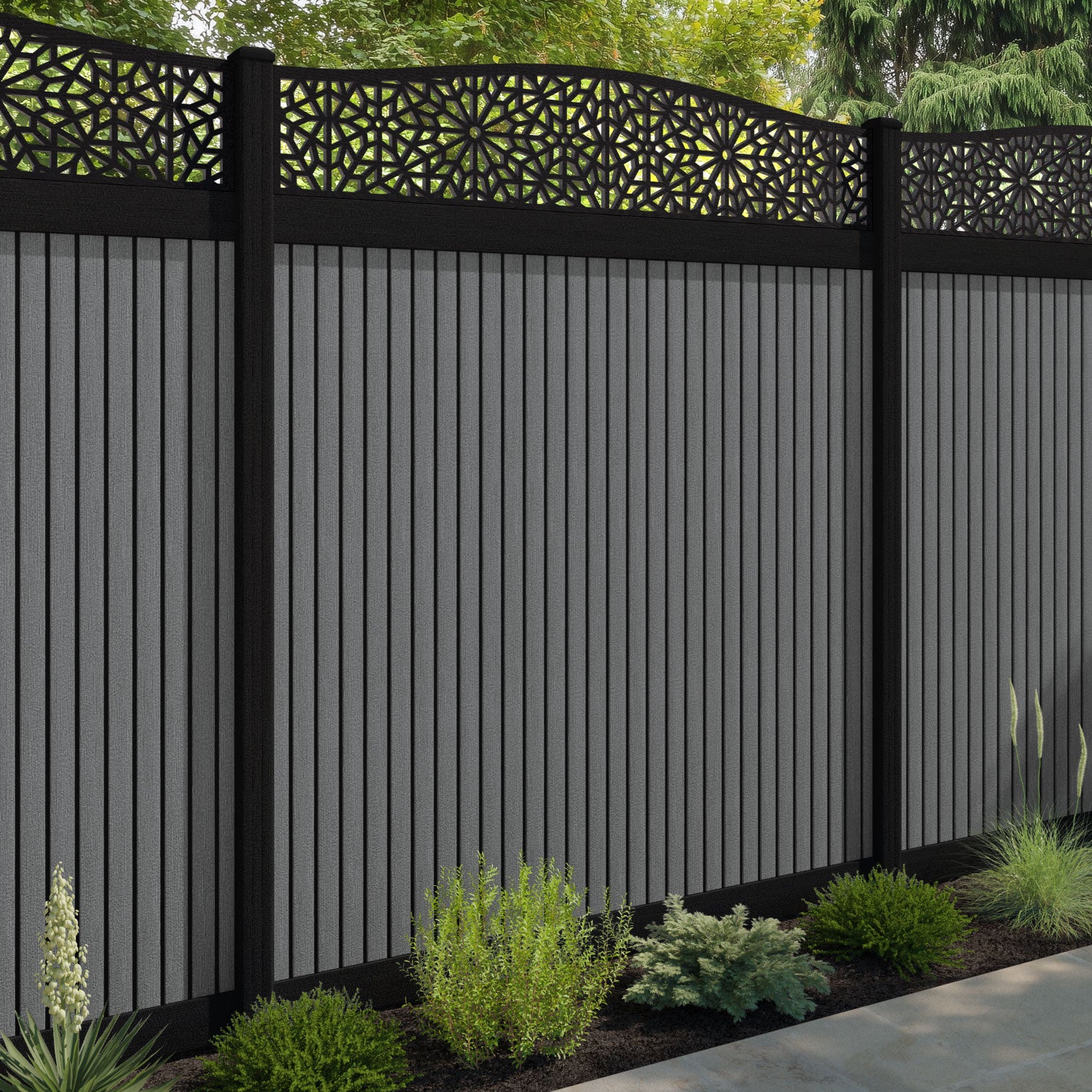 Virtis Alnara Curved Top Fence Panel - Mid Grey - with our aluminium posts