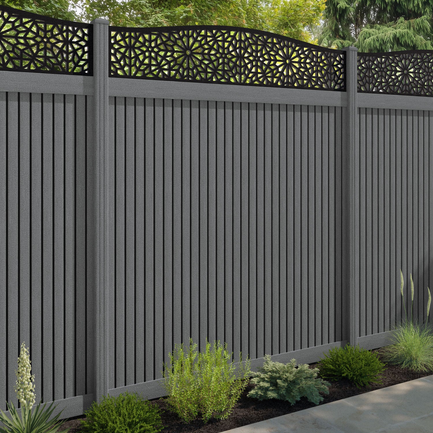 Virtis Alnara Curved Top Fence Panel - Mid Grey - with our composite posts