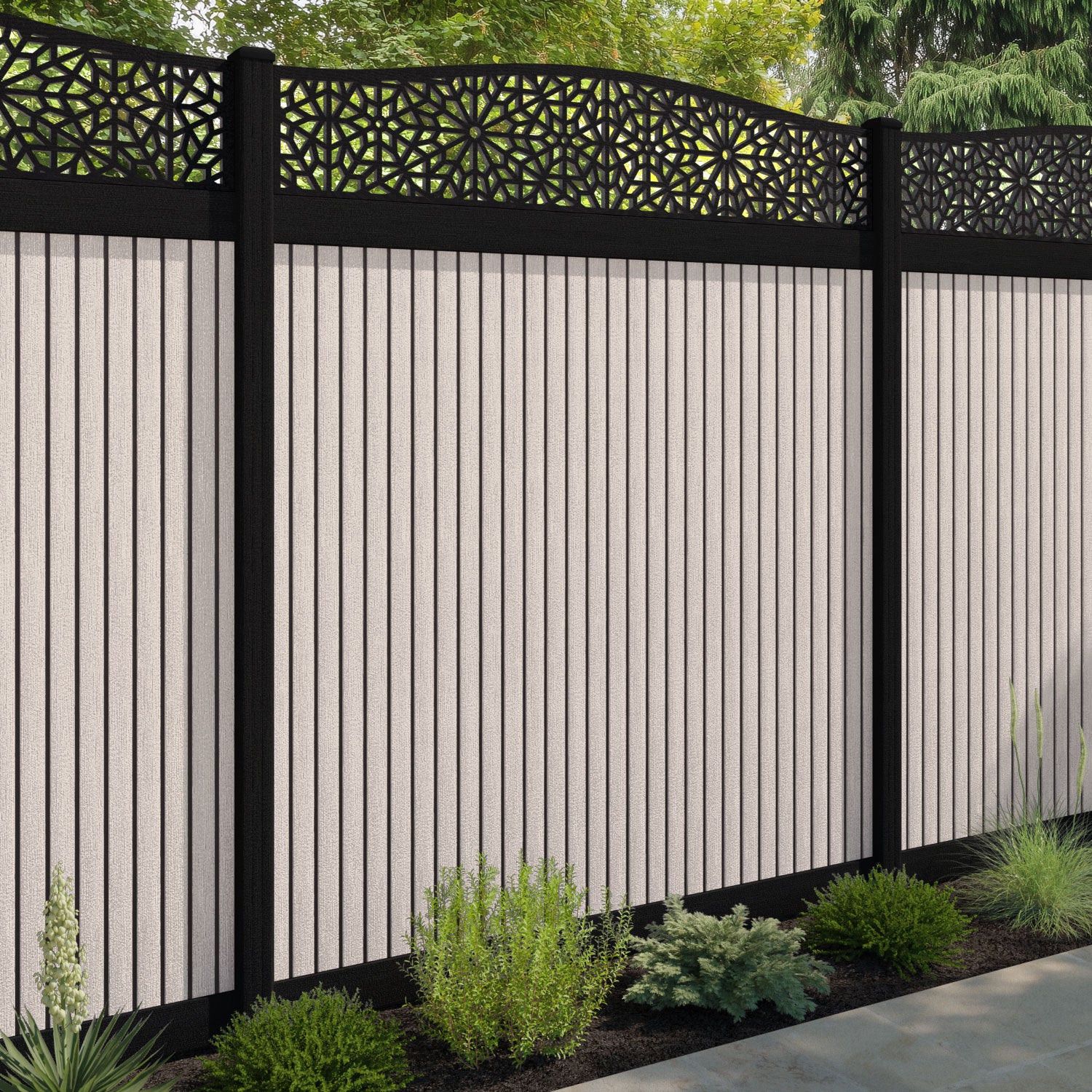 Virtis Alnara Curved Top Fence Panel - Mid Stone - with our aluminium posts