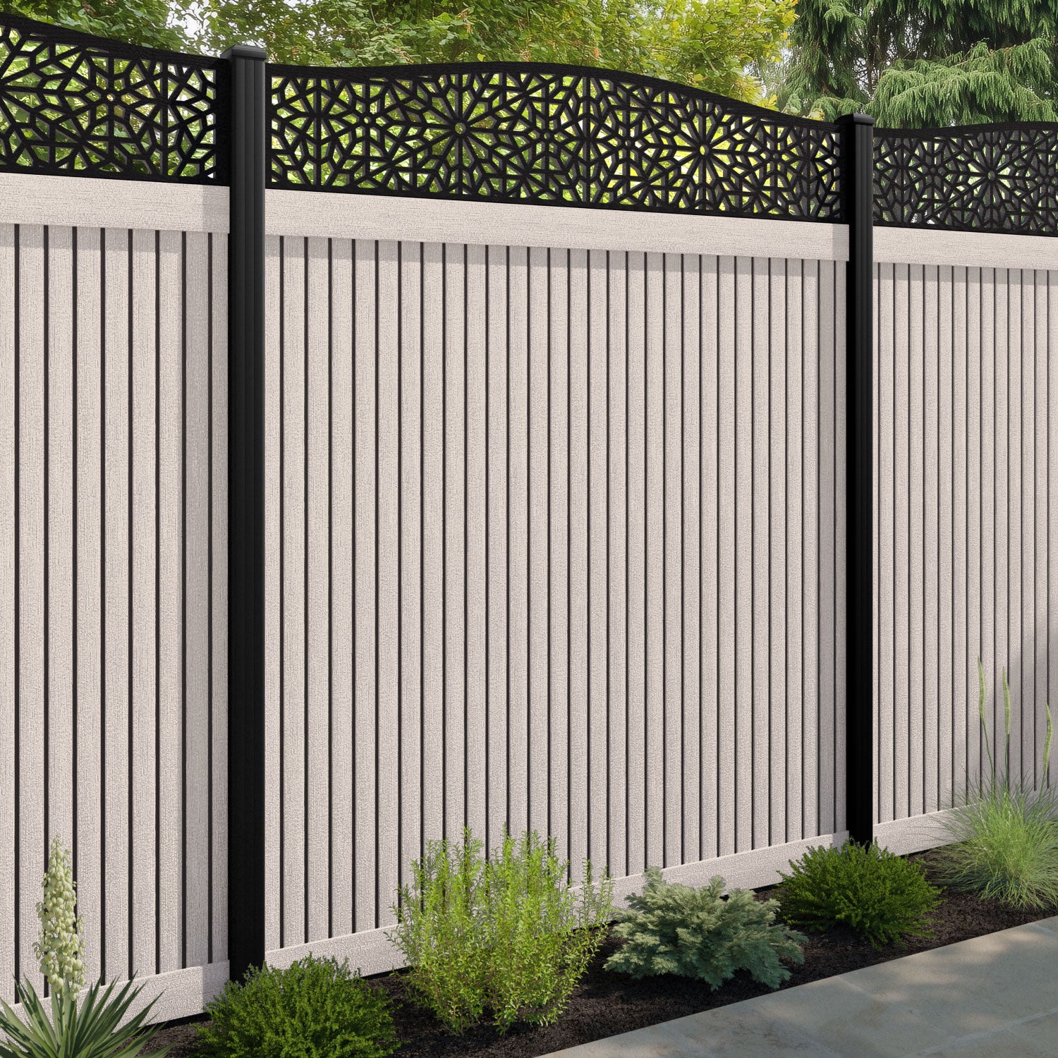 Virtis Alnara Curved Top Fence Panel - Mid Stone - with our aluminium posts