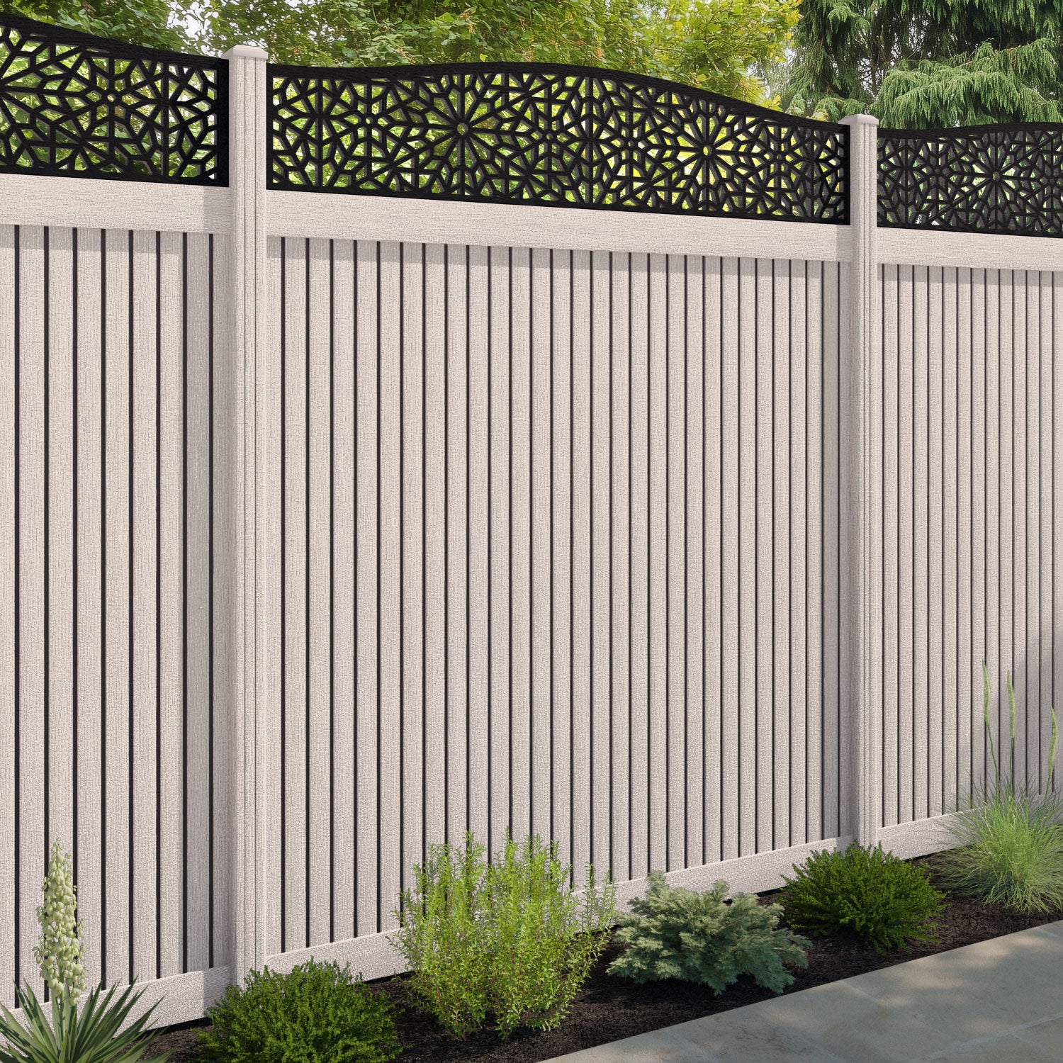 Virtis Alnara Curved Top Fence Panel - Mid Stone - with our composite posts