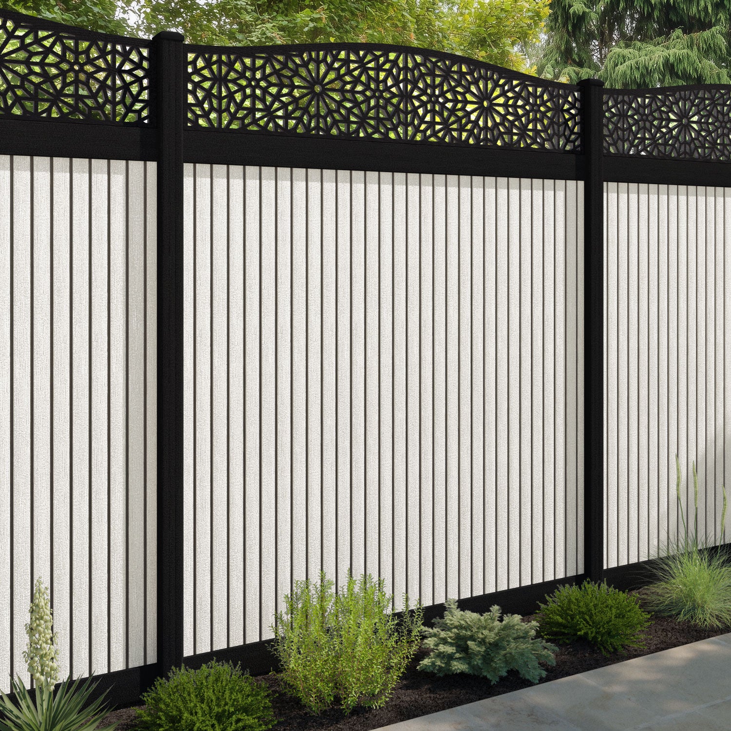 Virtis Alnara Curved Top Fence Panel - Light Stone - with our aluminium posts
